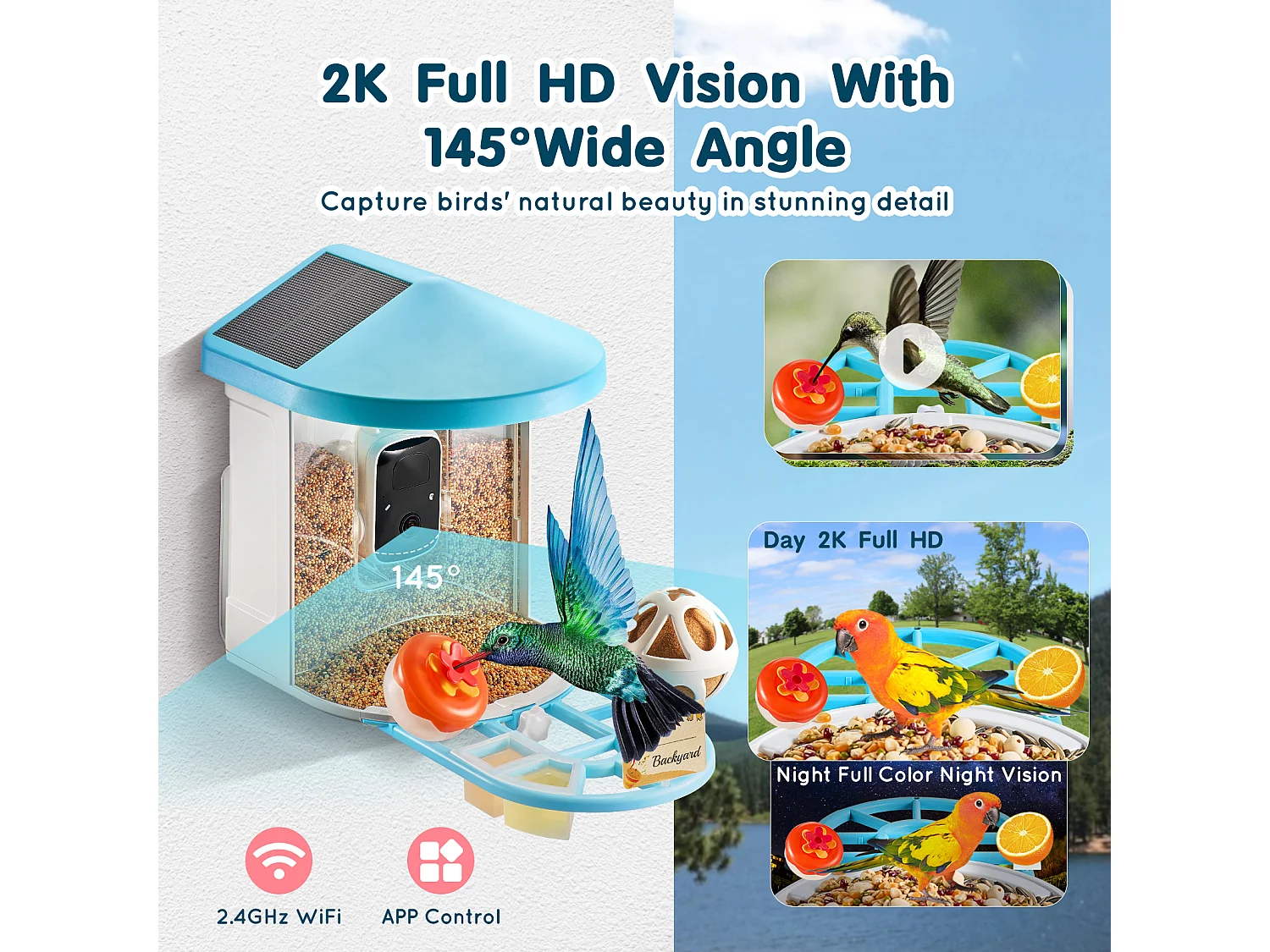Mangeoire à Oiseaux Intelligente SucceBuy avec Caméra, 2K HD, Espèces IA,, Alimentée par L'énergie Solaire