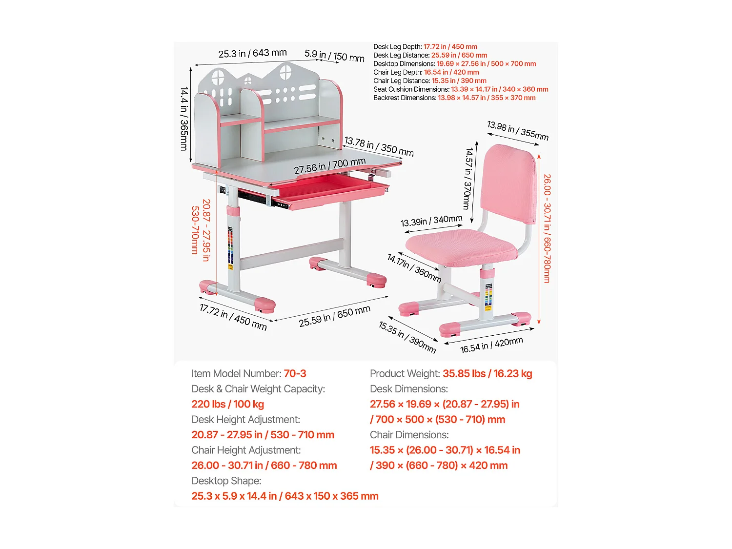 Kinder Bureau- en Stoelenset SucceBuy, Regelbare Hoogte met Etage en Lade, Roze, Kinderbureau voor Slaapkamer en Studeerkamer
