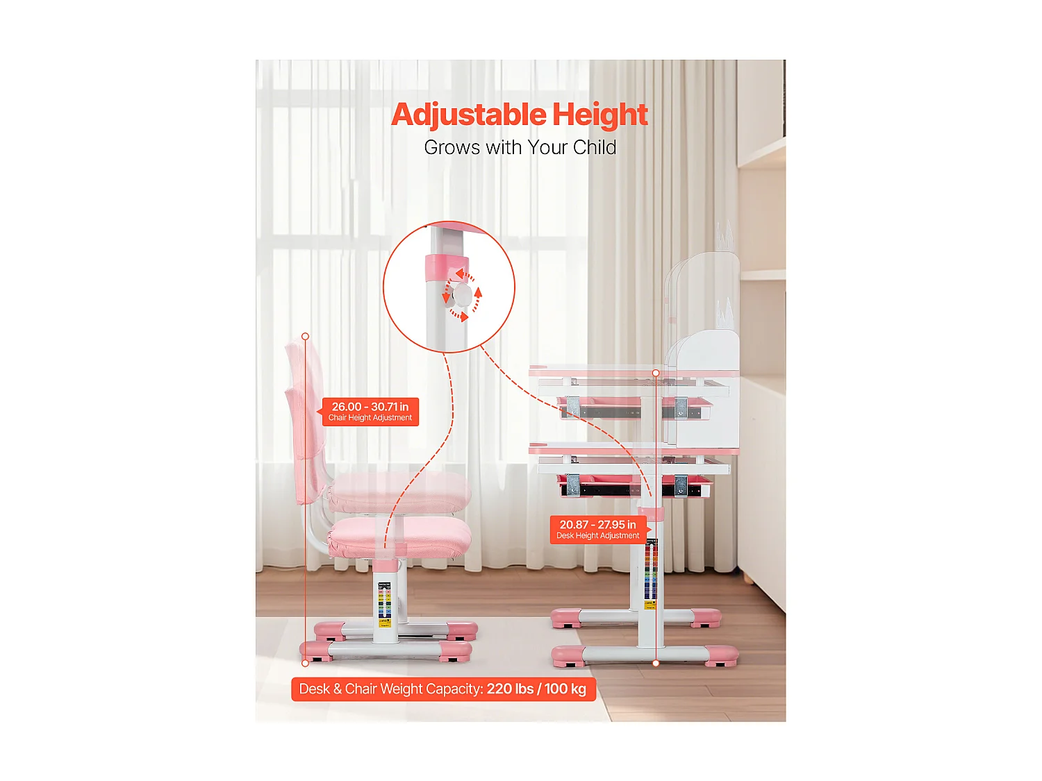 Kinder Bureau- en Stoelenset SucceBuy, Regelbare Hoogte met Etage en Lade, Roze, Kinderbureau voor Slaapkamer en Studeerkamer