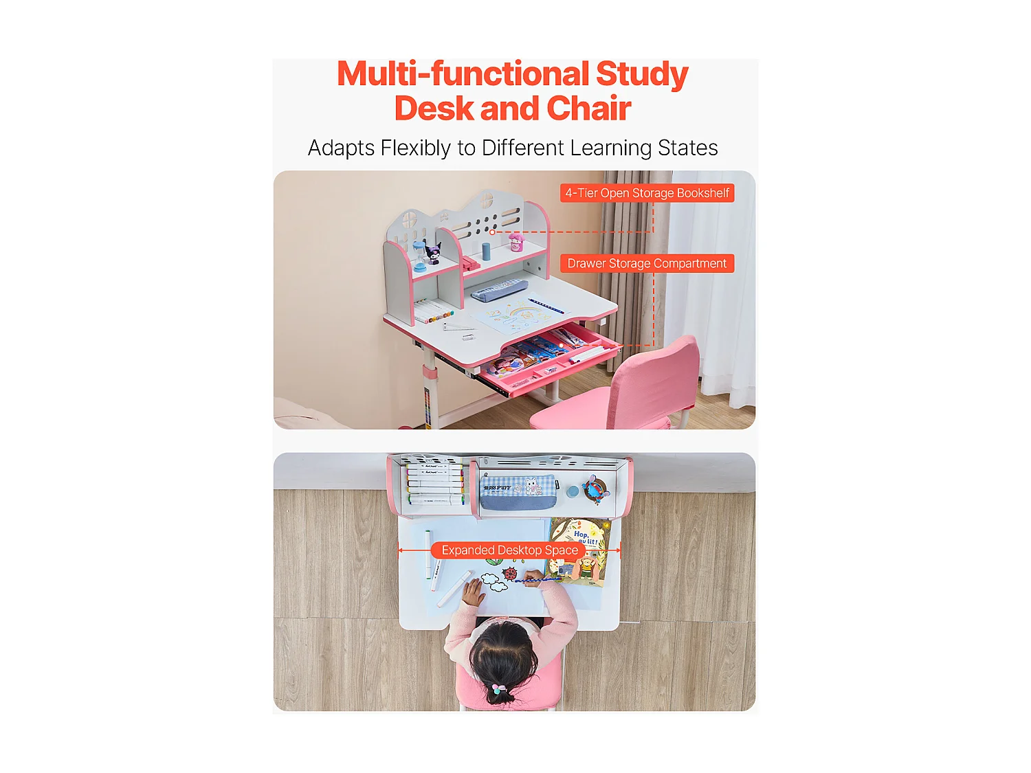 Kinder Bureau- en Stoelenset SucceBuy, Regelbare Hoogte met Etage en Lade, Roze, Kinderbureau voor Slaapkamer en Studeerkamer