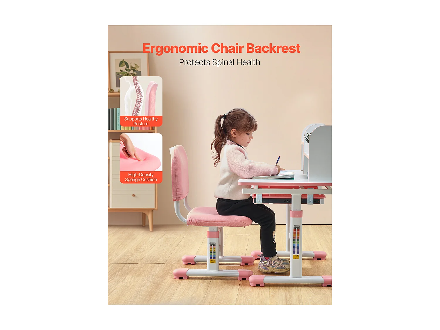 Kinder Bureau- en Stoelenset SucceBuy, Regelbare Hoogte met Etage en Lade, Roze, Kinderbureau voor Slaapkamer en Studeerkamer