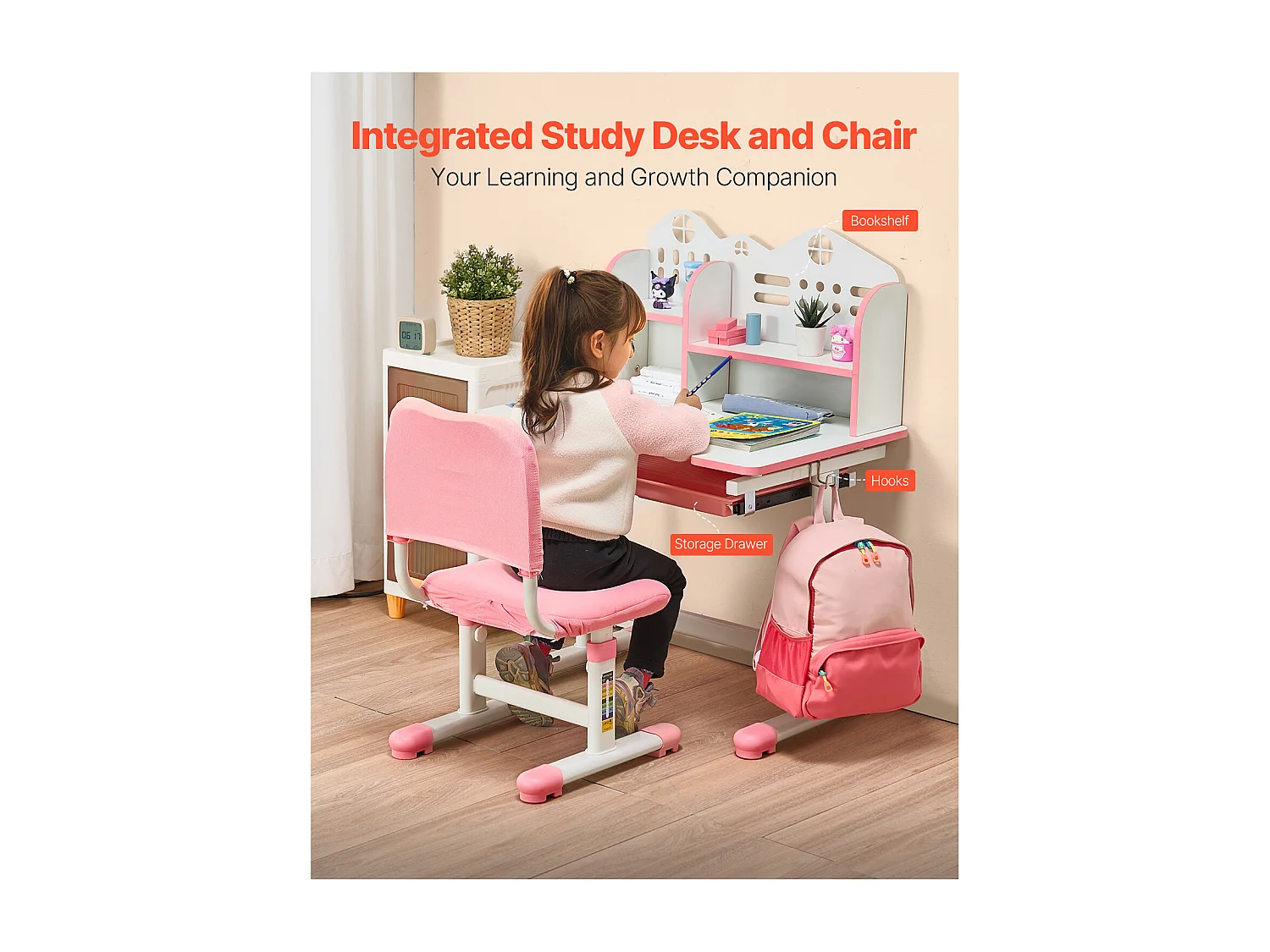 Kinder Bureau- en Stoelenset SucceBuy, Regelbare Hoogte met Etage en Lade, Roze, Kinderbureau voor Slaapkamer en Studeerkamer