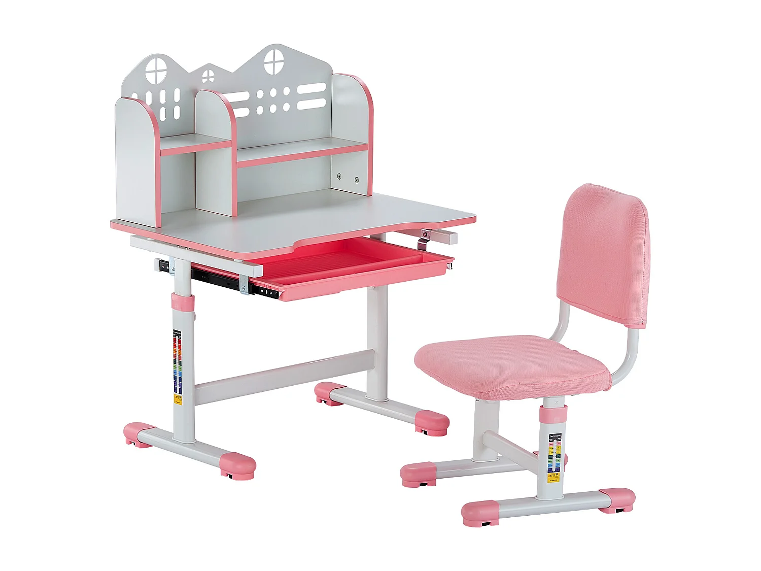 Kinder Bureau- en Stoelenset SucceBuy, Regelbare Hoogte met Etage en Lade, Roze, Kinderbureau voor Slaapkamer en Studeerkamer