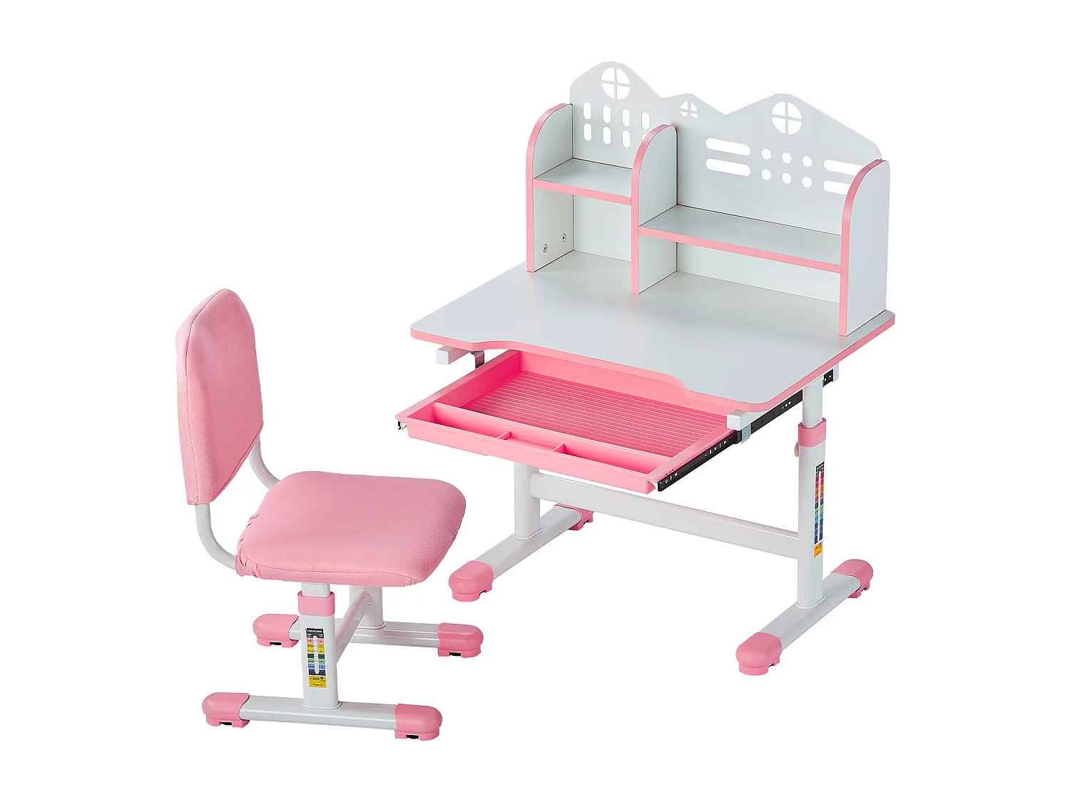 Kinder Bureau- en Stoelenset SucceBuy, Regelbare Hoogte met Etage en Lade, Roze, Kinderbureau voor Slaapkamer en Studeerkamer