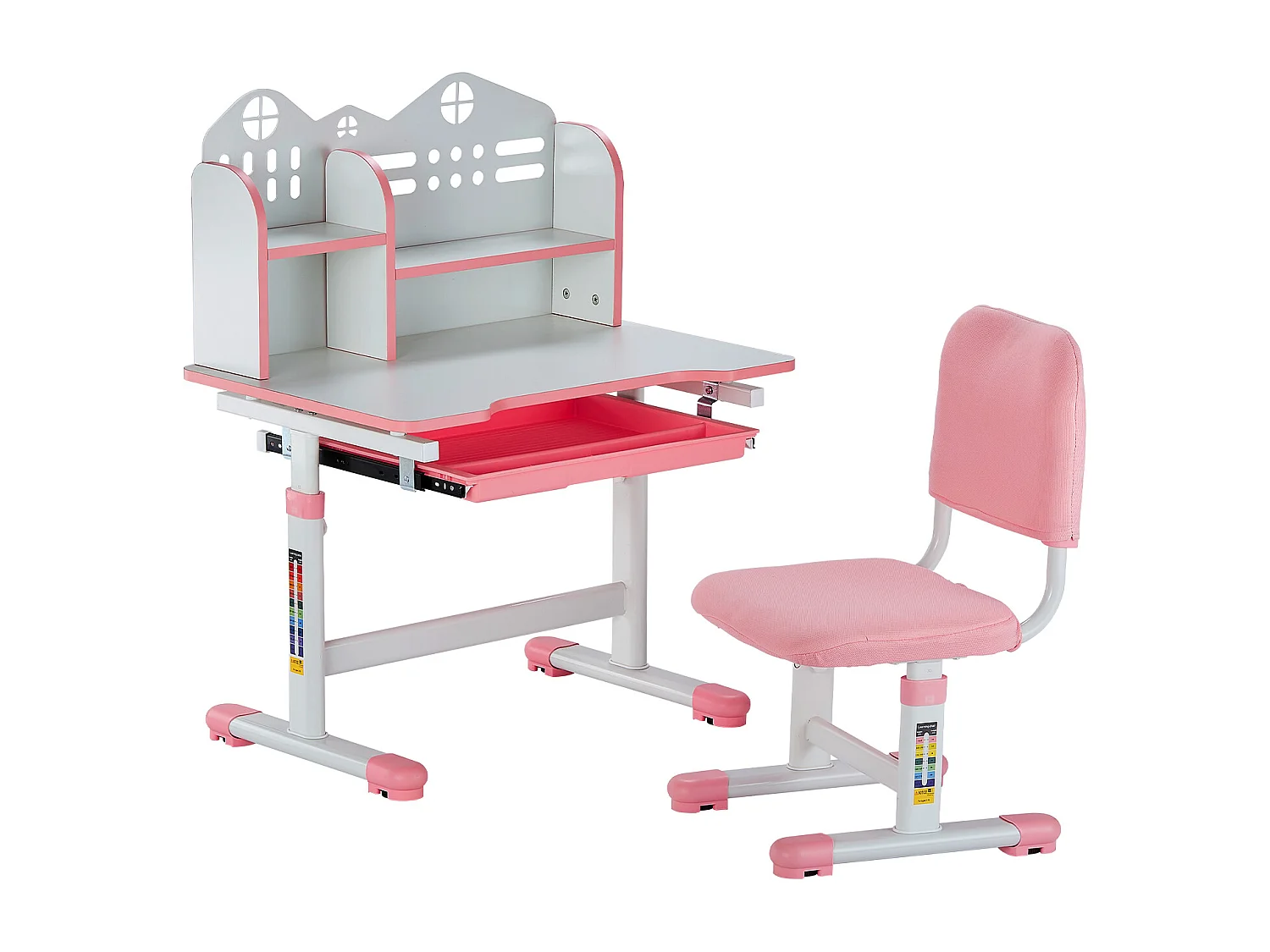 Kinder Bureau- en Stoelenset SucceBuy, Regelbare Hoogte met Etage en Lade, Roze, Kinderbureau voor Slaapkamer en Studeerkamer