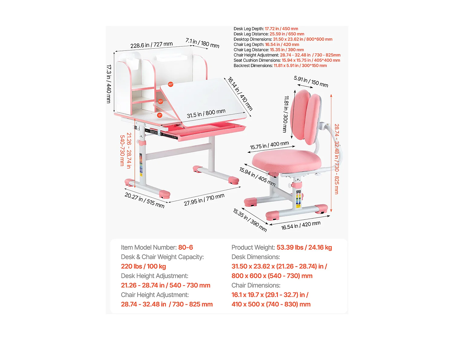 Conjunto Escritorio y Silla para Niños SucceBuy, Altura Ajustable con Estante y Cajón, Rosa