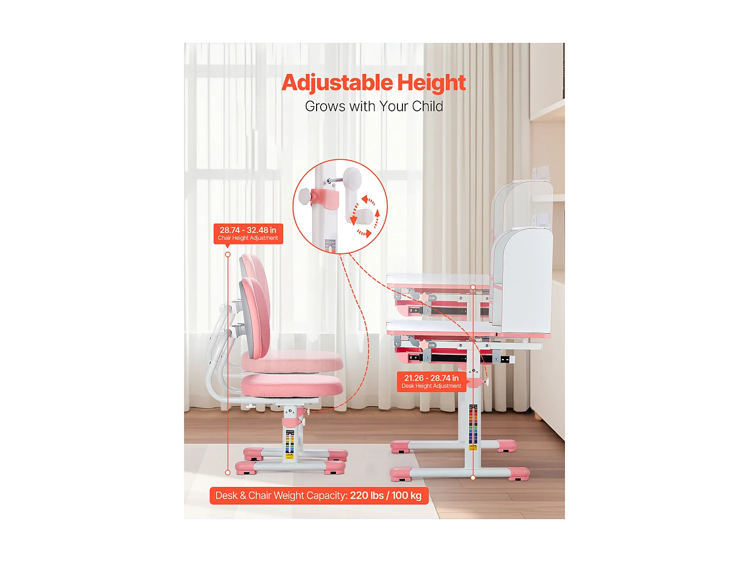 Conjunto Escritorio y Silla para Niños SucceBuy, Altura Ajustable con Estante y Cajón, Rosa