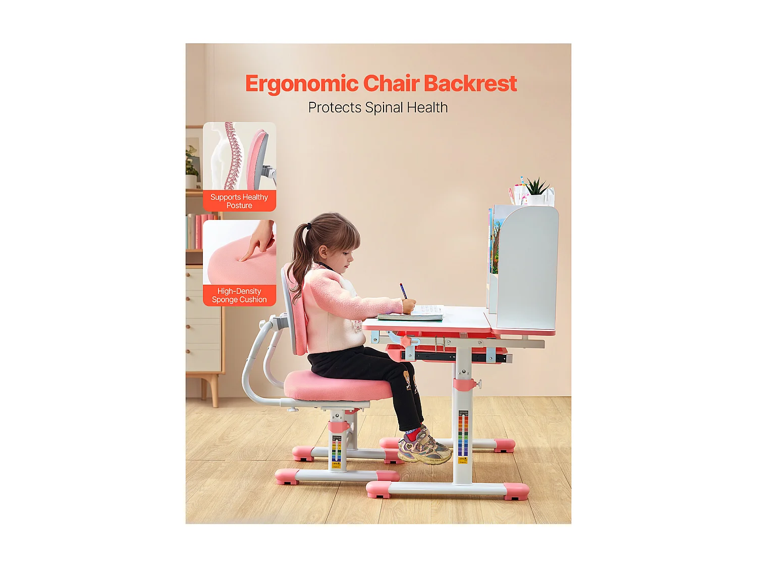 Conjunto Escritorio y Silla para Niños SucceBuy, Altura Ajustable con Estante y Cajón, Rosa