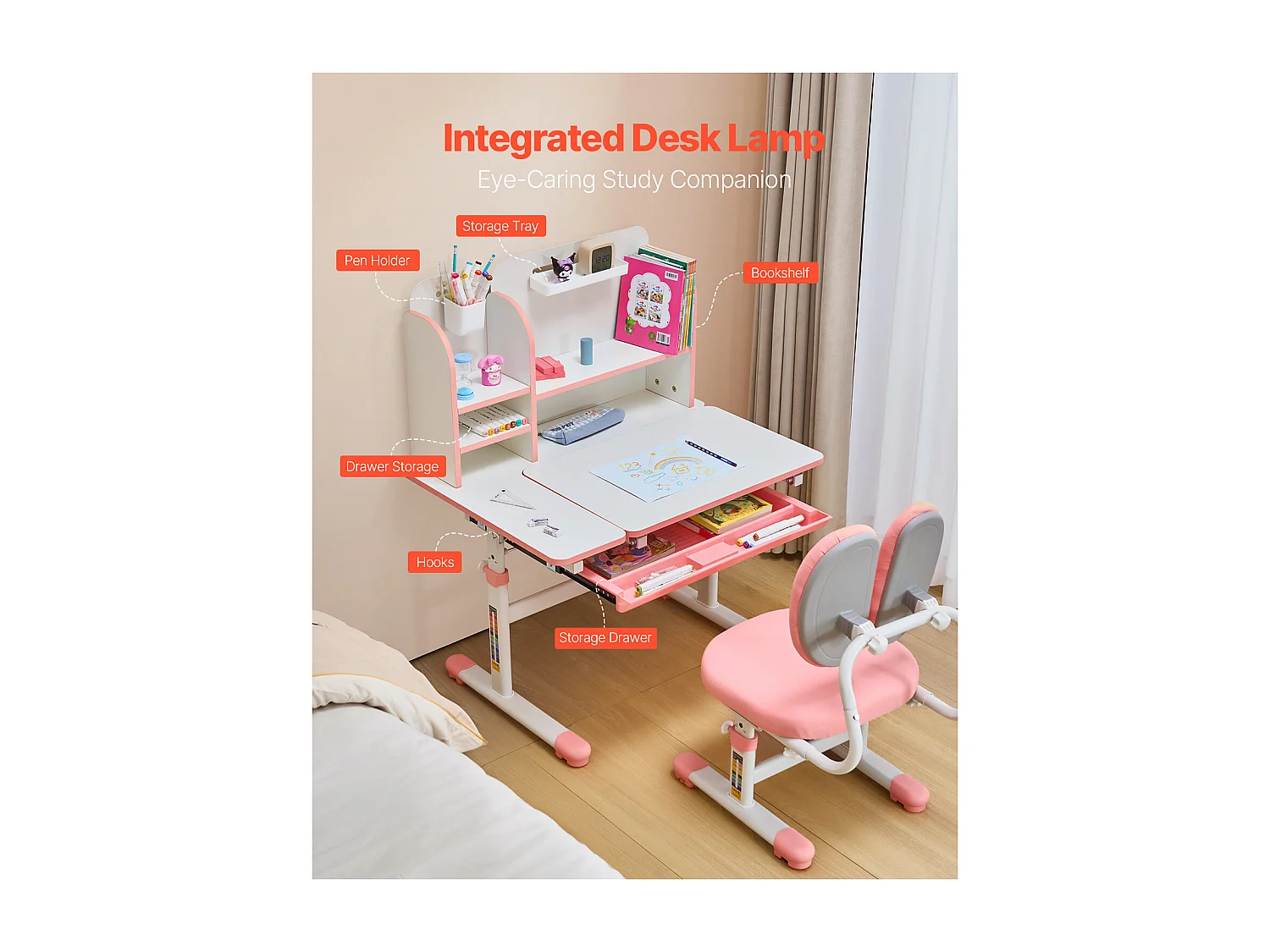 Conjunto Escritorio y Silla para Niños SucceBuy, Altura Ajustable con Estante y Cajón, Rosa