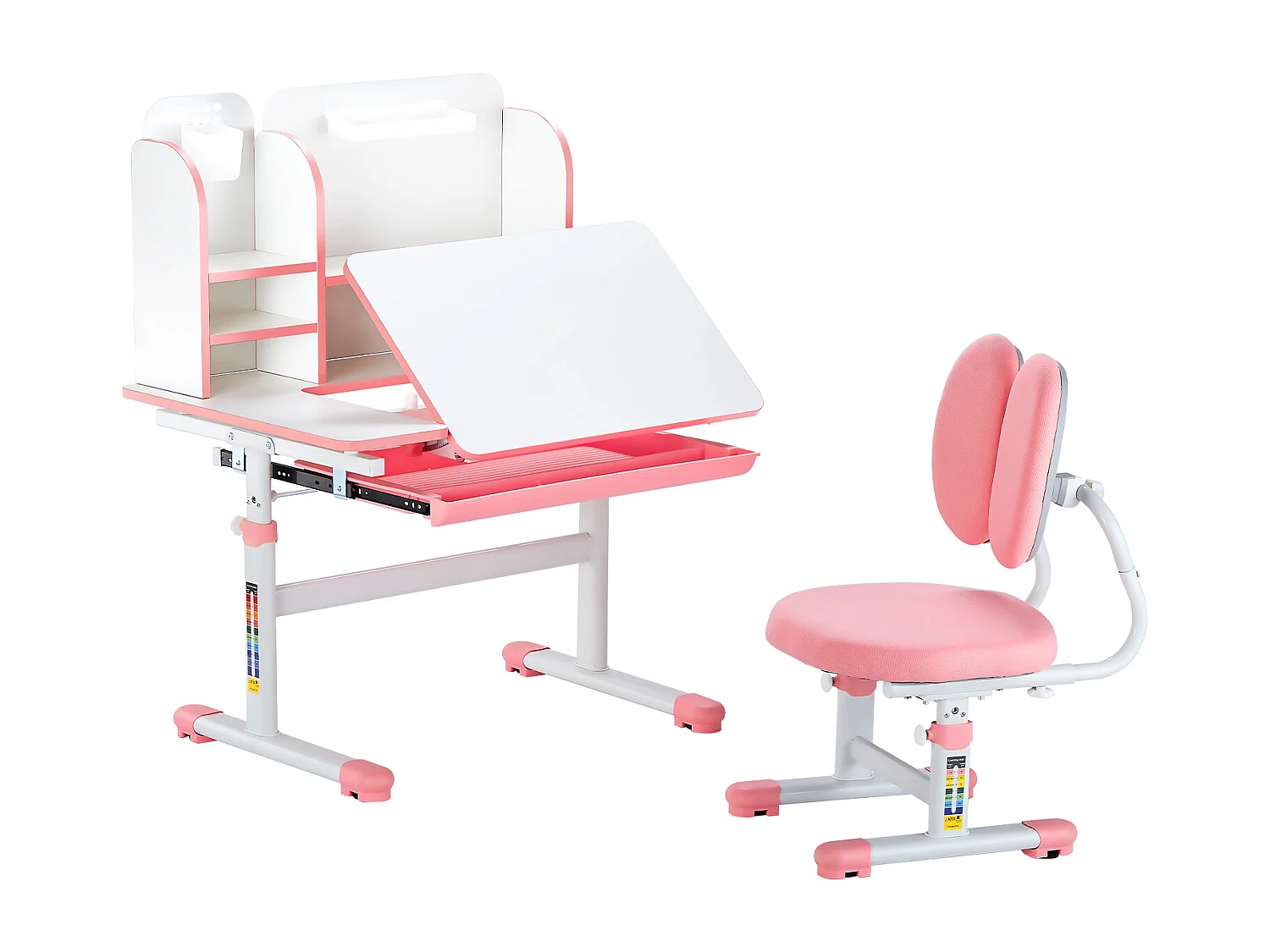 Conjunto Escritorio y Silla para Niños SucceBuy, Altura Ajustable con Estante y Cajón, Rosa