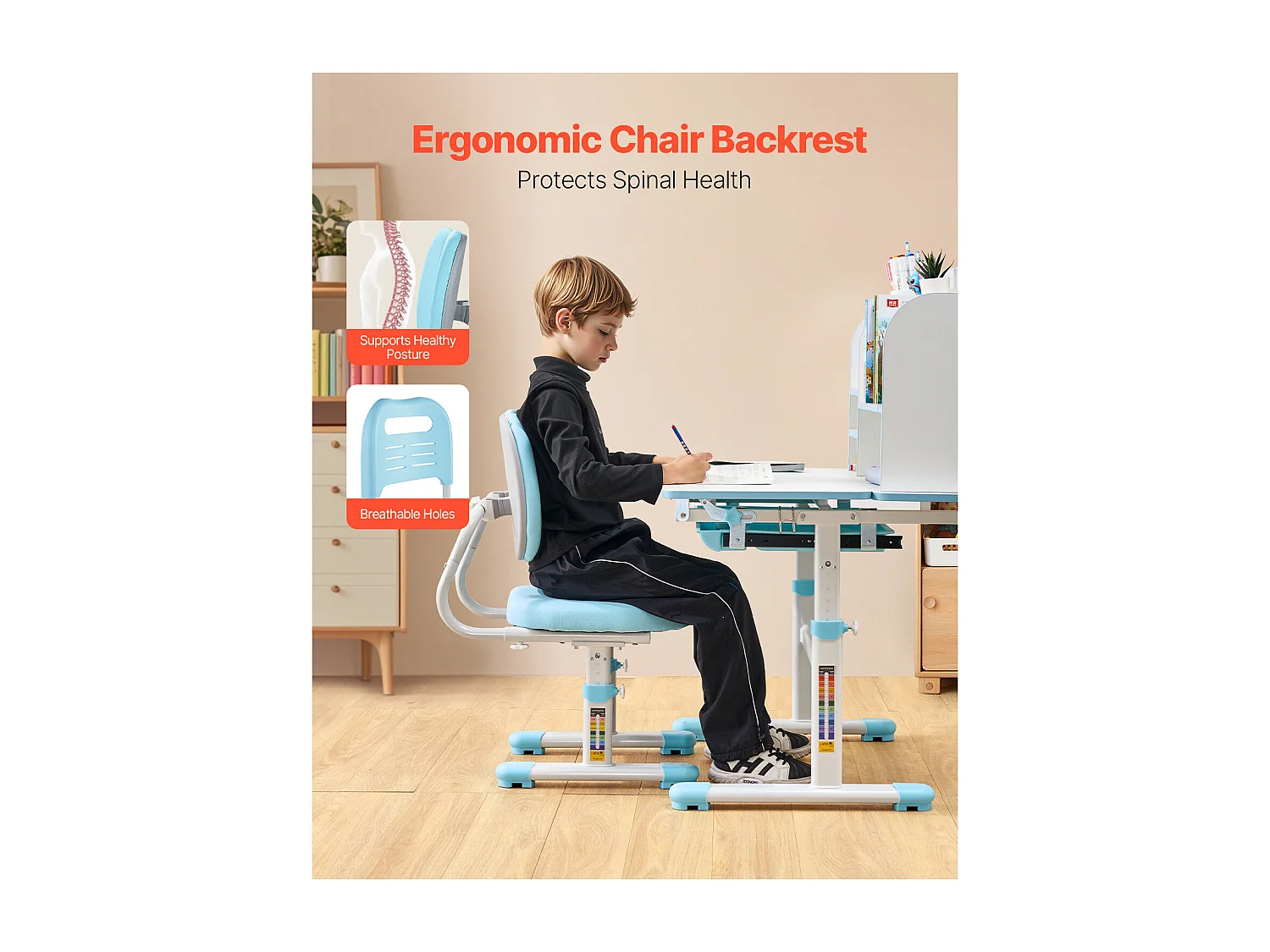 Kinder Bureau- en Stoelenset SucceBuy, Regelbare Hoogte met Etage en Lade, Blauw, Kinderbureau voor Slaapkamer en Studeerkamer