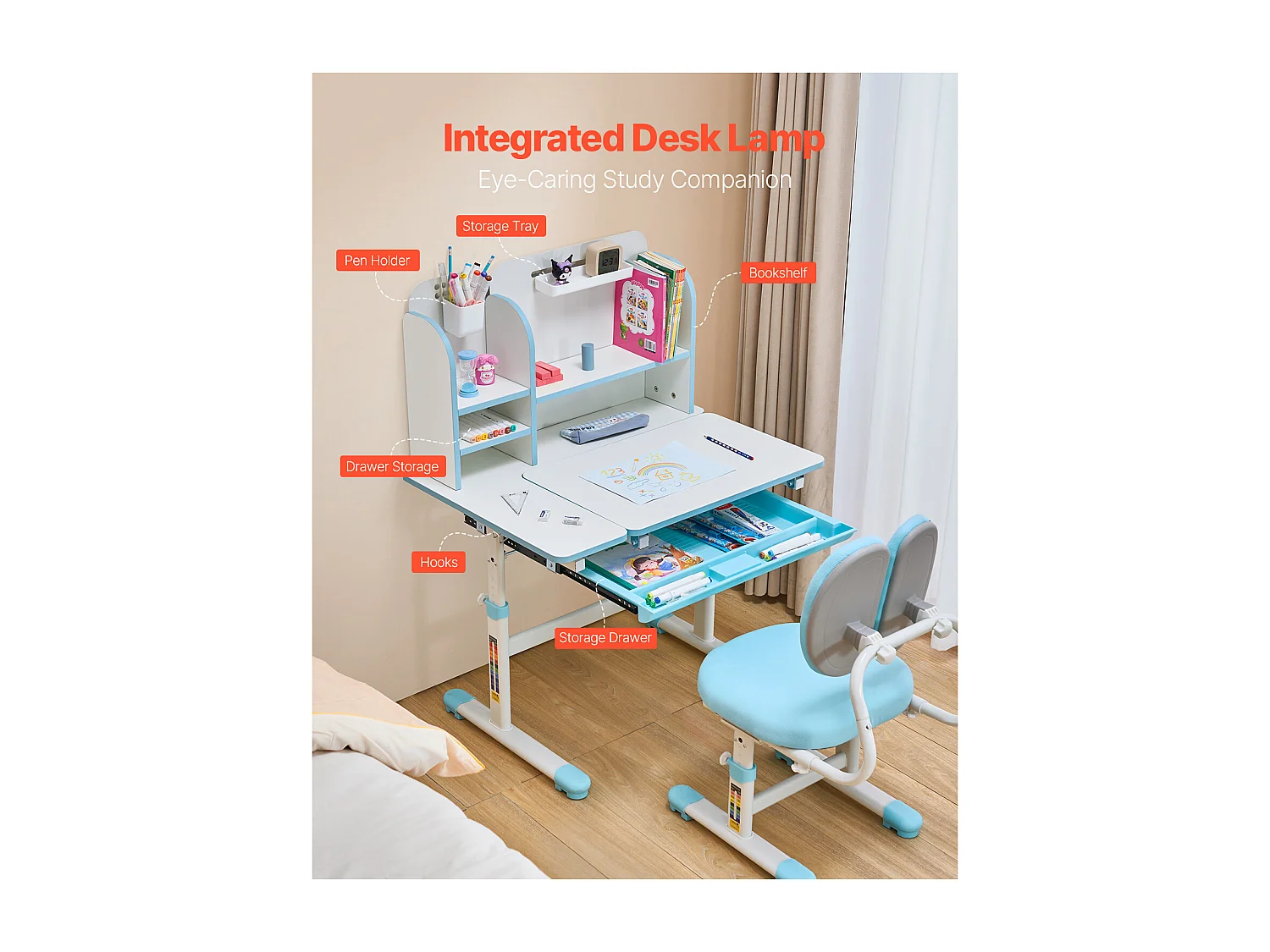 Kinder Bureau- en Stoelenset SucceBuy, Regelbare Hoogte met Etage en Lade, Blauw, Kinderbureau voor Slaapkamer en Studeerkamer