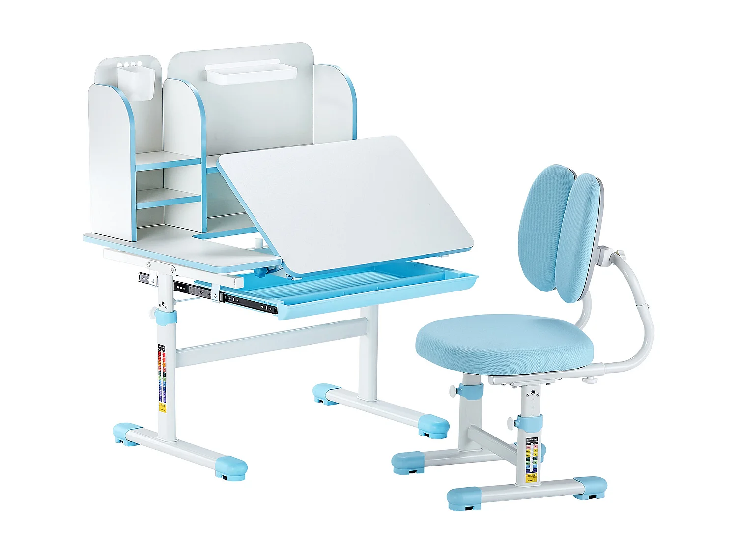 Kinder Bureau- en Stoelenset SucceBuy, Regelbare Hoogte met Etage en Lade, Blauw, Kinderbureau voor Slaapkamer en Studeerkamer