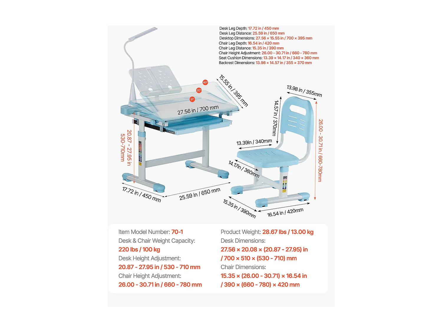 Kinder Bureau- en Stoelenset SucceBuy, Regelbare Hoogte met Lamp, Blauw, Kinderbureau voor Slaapkamer en Studeerkamer