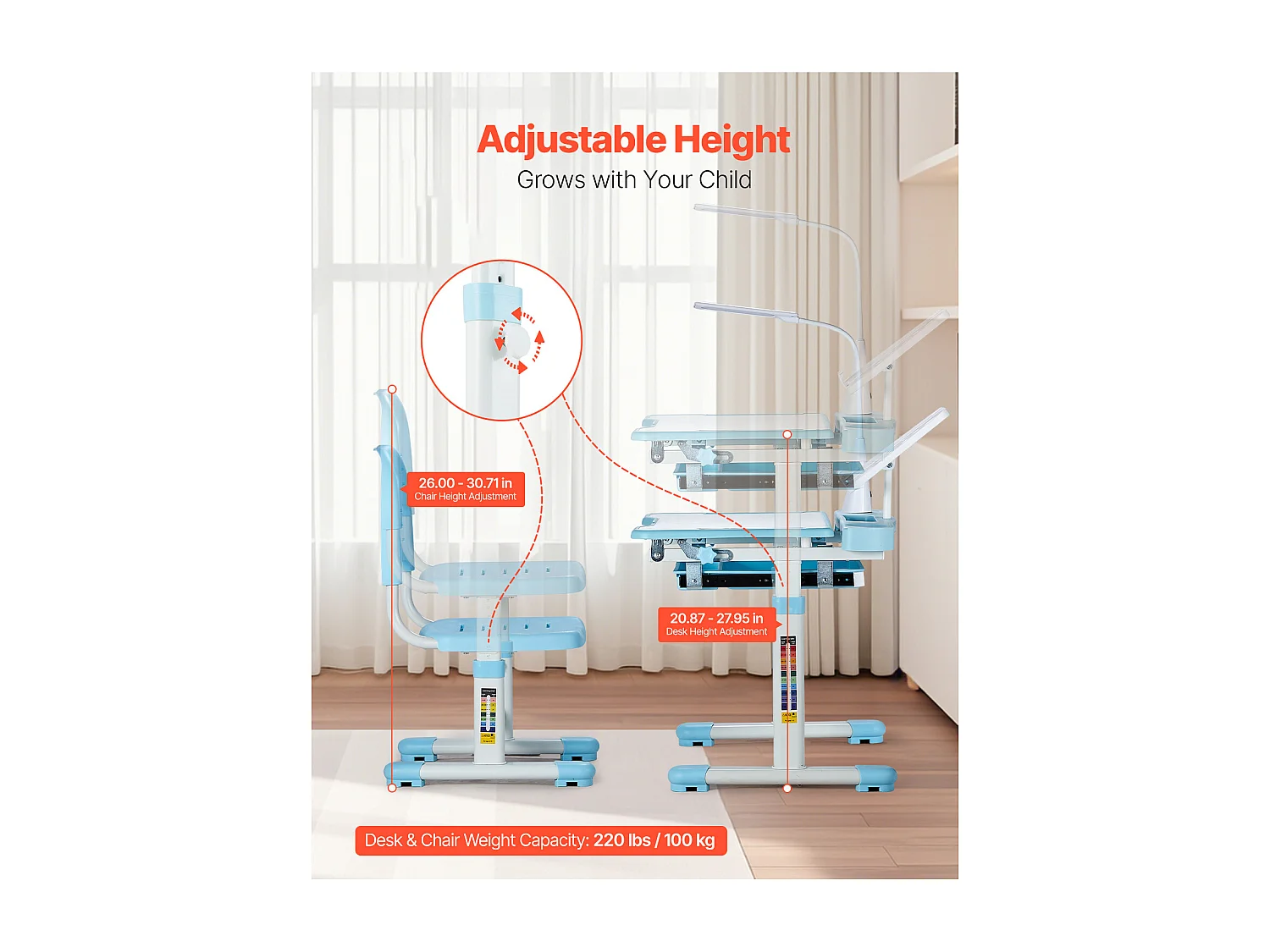 Kinder Bureau- en Stoelenset SucceBuy, Regelbare Hoogte met Lamp, Blauw, Kinderbureau voor Slaapkamer en Studeerkamer