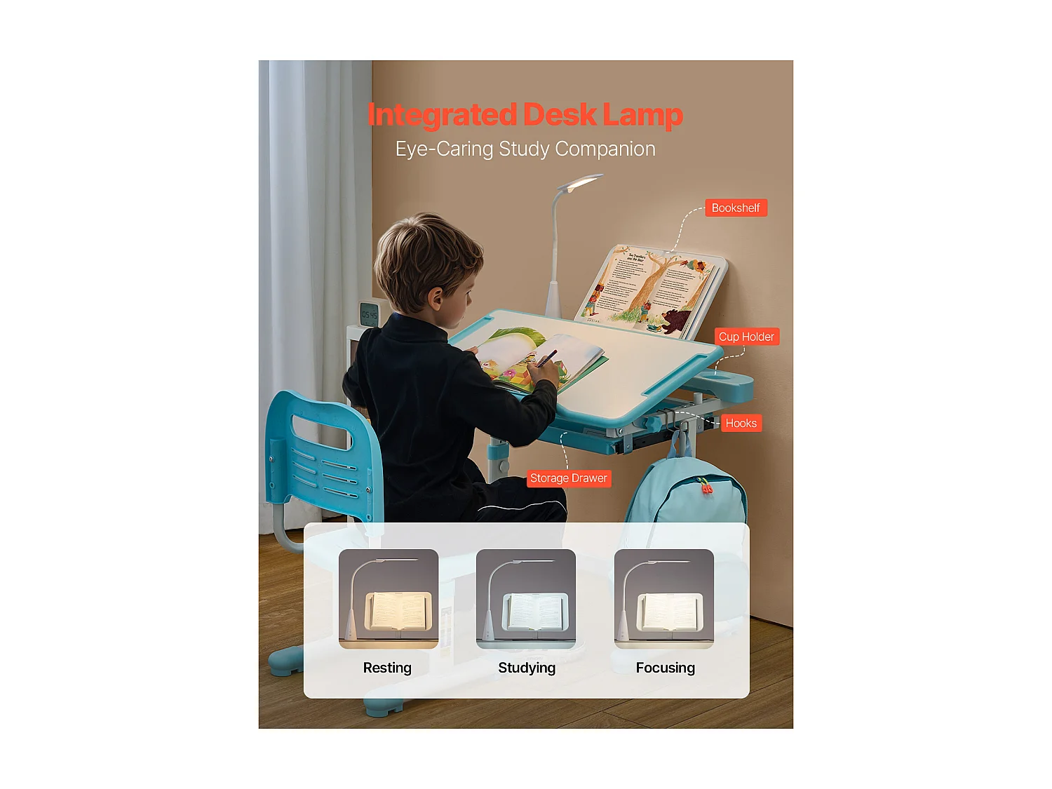 Kinder Bureau- en Stoelenset SucceBuy, Regelbare Hoogte met Lamp, Blauw, Kinderbureau voor Slaapkamer en Studeerkamer