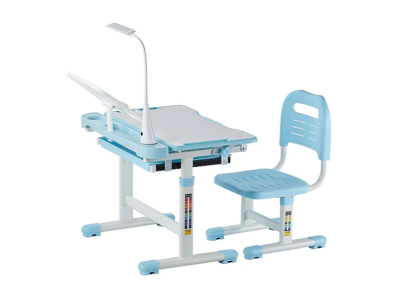 Kinder Bureau- en Stoelenset SucceBuy, Regelbare Hoogte met Lamp, Blauw, Kinderbureau voor Slaapkamer en Studeerkamer
