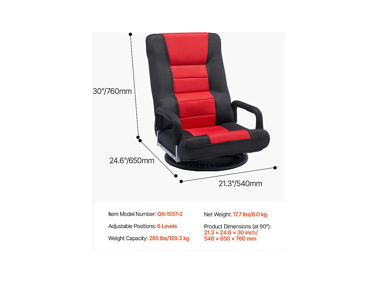 Fauteuil de Sol SucceBuy, Chaise Pliante avec Accoudoirs, Dossier Réglable sur 6 Positions, Pivotante à 360°, Rouge et Noir