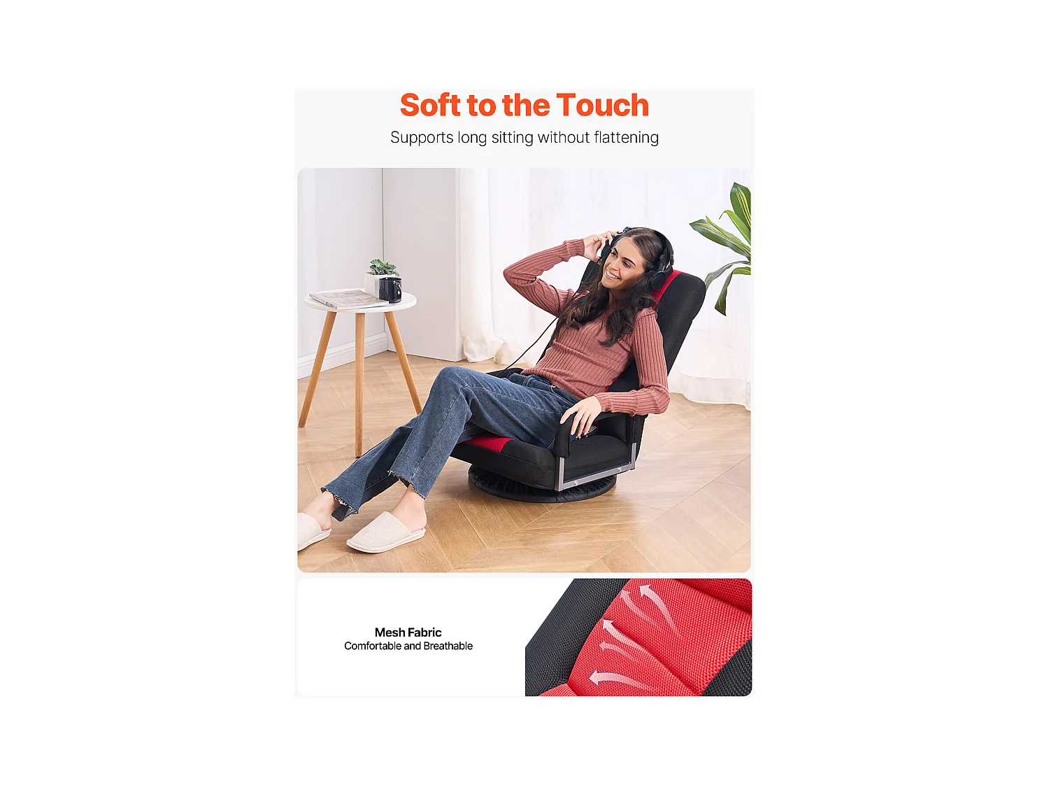 Fauteuil de Sol SucceBuy, Chaise Pliante avec Accoudoirs, Dossier Réglable sur 6 Positions, Pivotante à 360°, Rouge et Noir