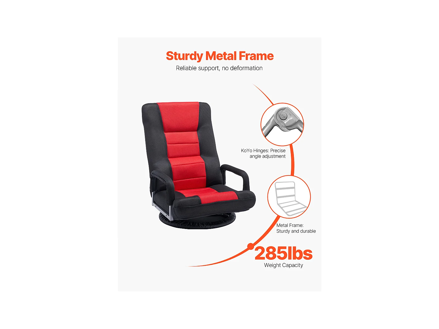 Fauteuil de Sol SucceBuy, Chaise Pliante avec Accoudoirs, Dossier Réglable sur 6 Positions, Pivotante à 360°, Rouge et Noir