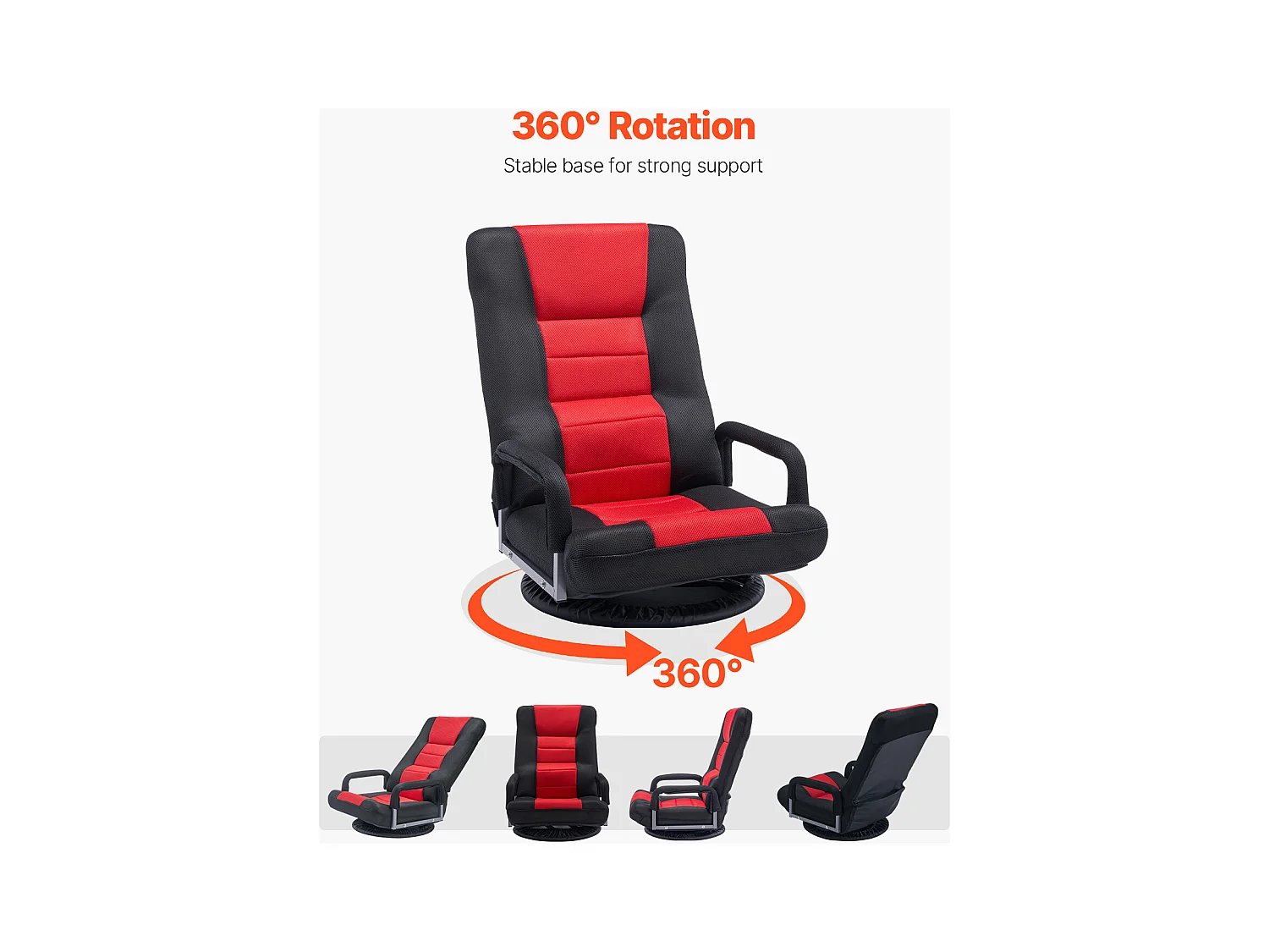 Fauteuil de Sol SucceBuy, Chaise Pliante avec Accoudoirs, Dossier Réglable sur 6 Positions, Pivotante à 360°, Rouge et Noir