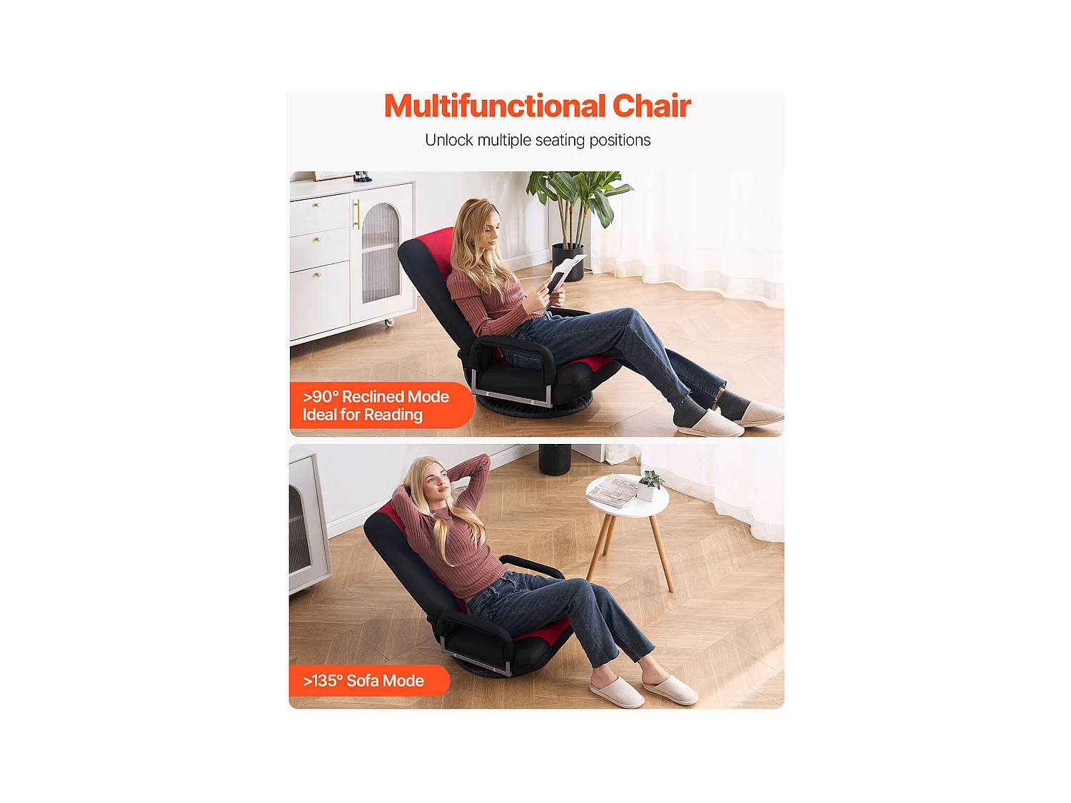 Fauteuil de Sol SucceBuy, Chaise Pliante avec Accoudoirs, Dossier Réglable sur 6 Positions, Pivotante à 360°, Rouge et Noir