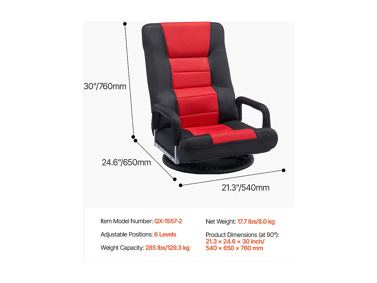 Fauteuil de Sol SucceBuy, Chaise Pliante avec Accoudoirs, Dossier Réglable sur 6 Positions, Pivotante à 360°, Rouge et Noir