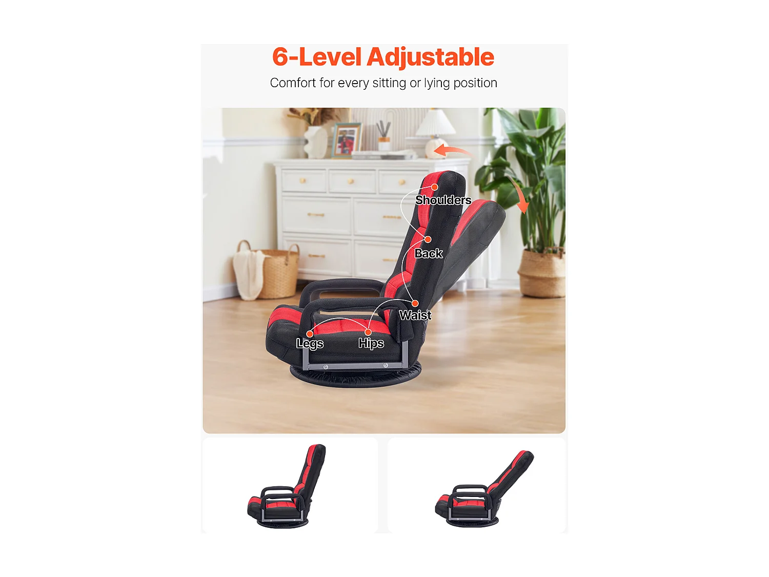 Fauteuil de Sol SucceBuy, Chaise Pliante avec Accoudoirs, Dossier Réglable sur 6 Positions, Pivotante à 360°, Rouge et Noir