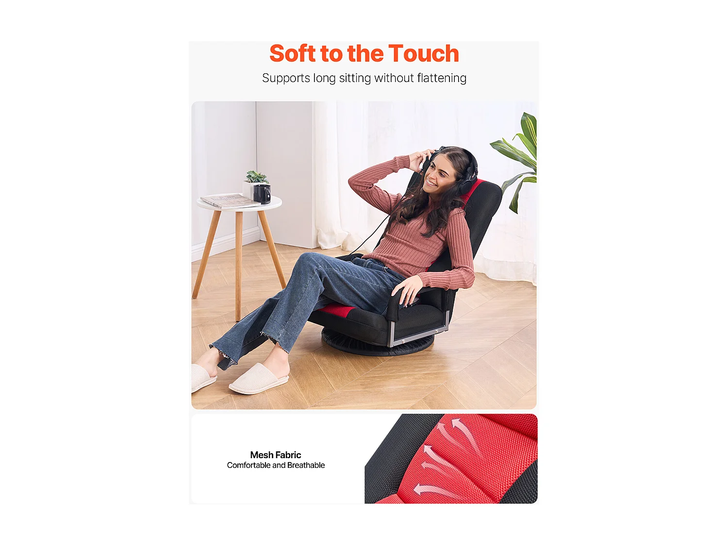 Fauteuil de Sol SucceBuy, Chaise Pliante avec Accoudoirs, Dossier Réglable sur 6 Positions, Pivotante à 360°, Rouge et Noir