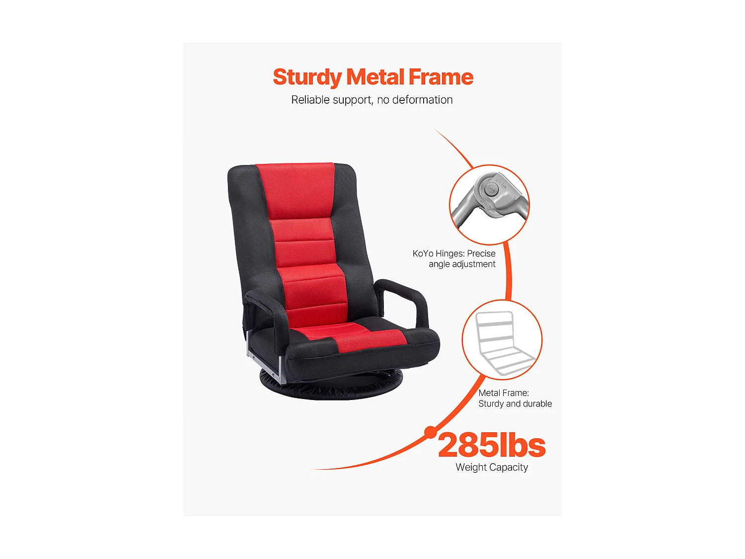 Fauteuil de Sol SucceBuy, Chaise Pliante avec Accoudoirs, Dossier Réglable sur 6 Positions, Pivotante à 360°, Rouge et Noir