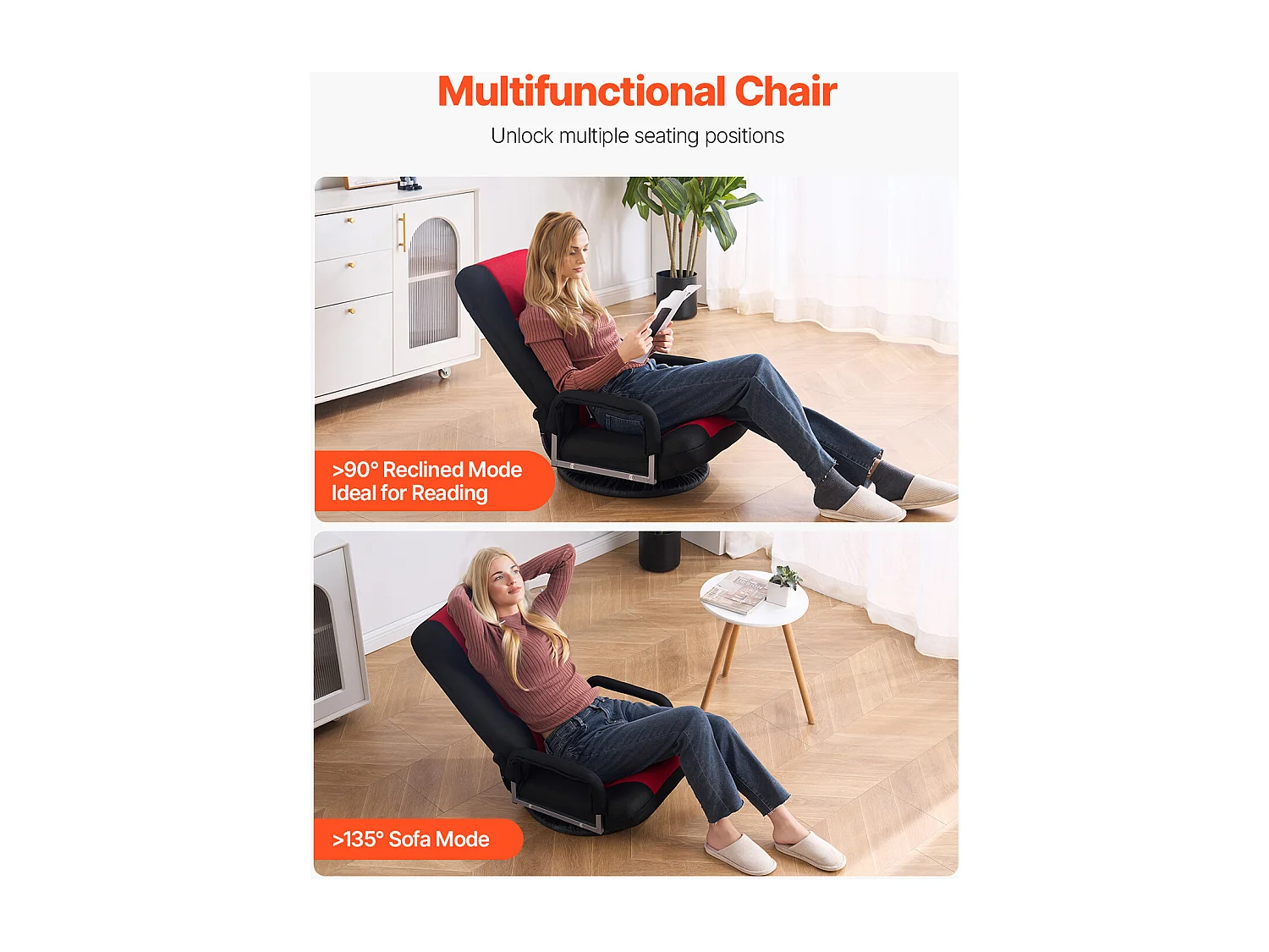 Fauteuil de Sol SucceBuy, Chaise Pliante avec Accoudoirs, Dossier Réglable sur 6 Positions, Pivotante à 360°, Rouge et Noir
