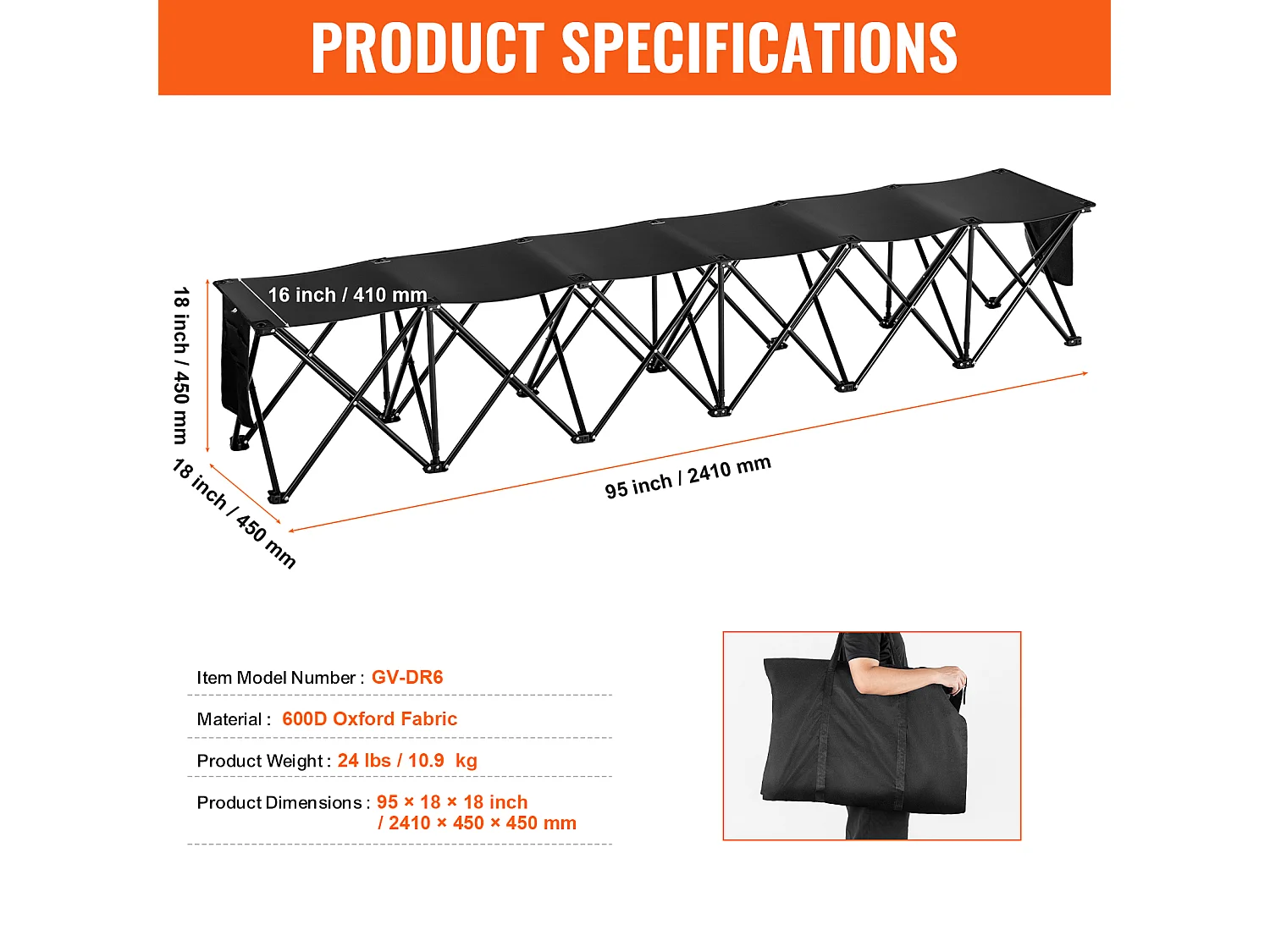 Banc de Sport SucceBuy, 6 Places, Banc d'Extérieur avec Sac de Transport et Dossier, Chaise de Camping en Plein Air, Noir