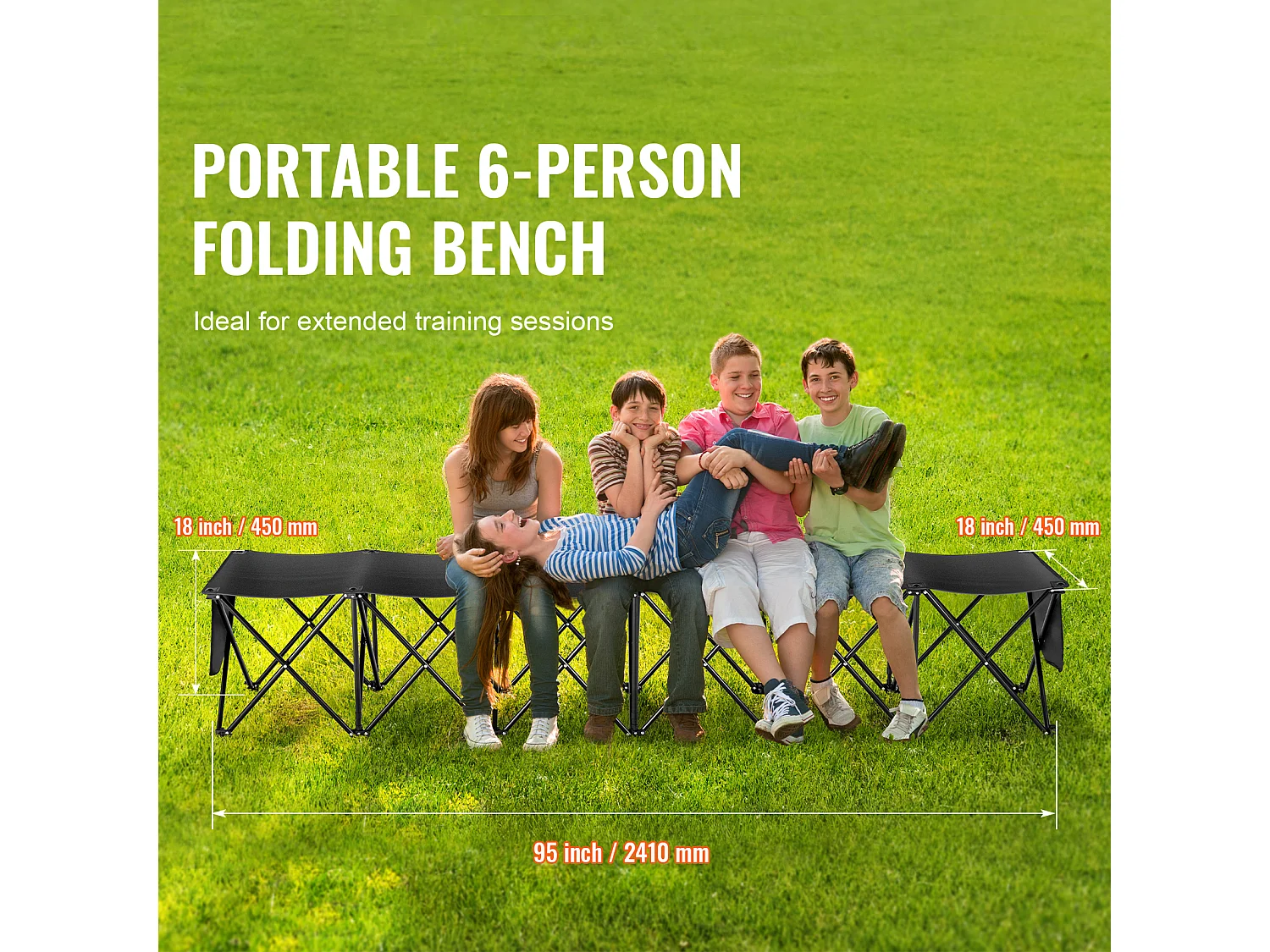 Banc de Sport SucceBuy, 6 Places, Banc d'Extérieur avec Sac de Transport et Dossier, Chaise de Camping en Plein Air, Noir