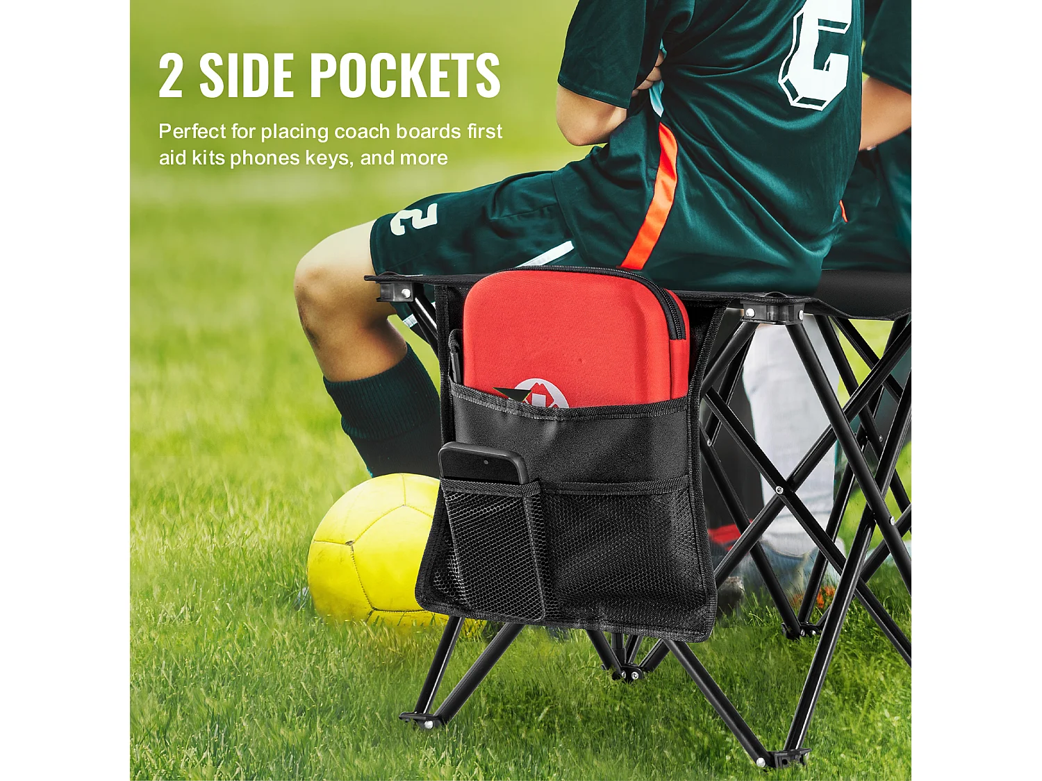 Banc de Sport SucceBuy, 6 Places, Banc d'Extérieur avec Sac de Transport et Dossier, Chaise de Camping en Plein Air, Noir