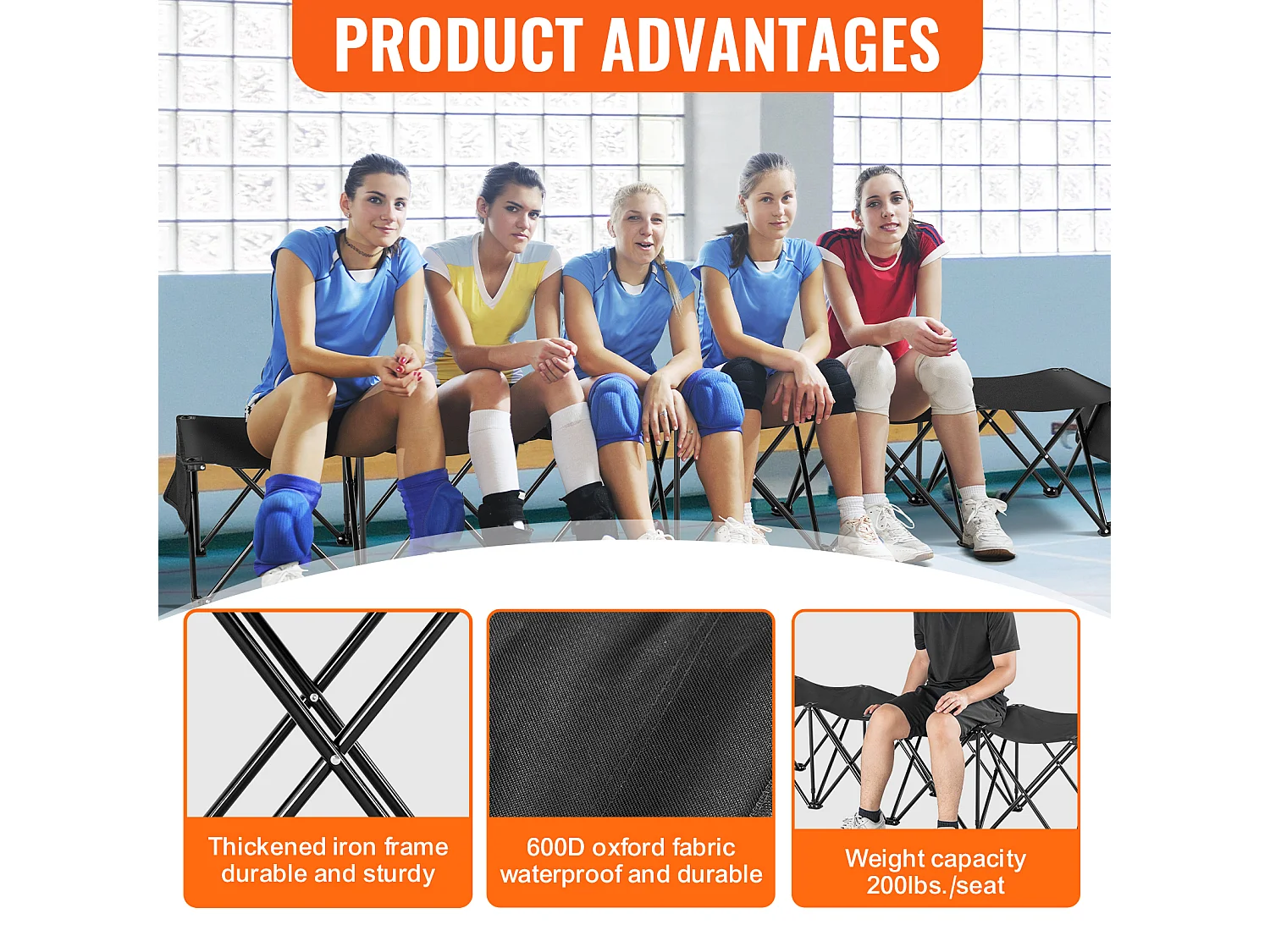 Banc de Sport SucceBuy, 6 Places, Banc d'Extérieur avec Sac de Transport et Dossier, Chaise de Camping en Plein Air, Noir