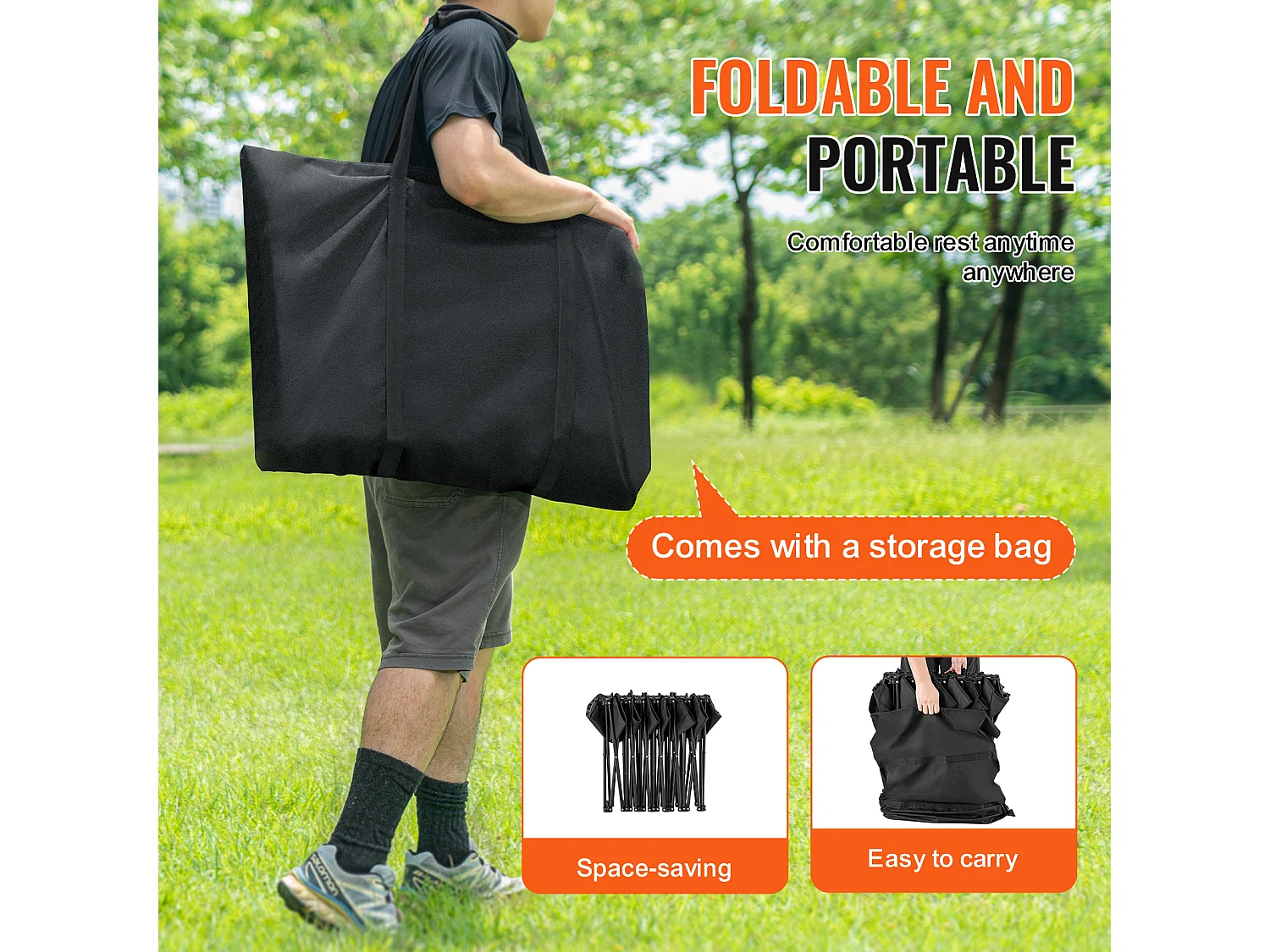 Banc de Sport SucceBuy, 6 Places, Banc d'Extérieur avec Sac de Transport et Dossier, Chaise de Camping en Plein Air, Noir