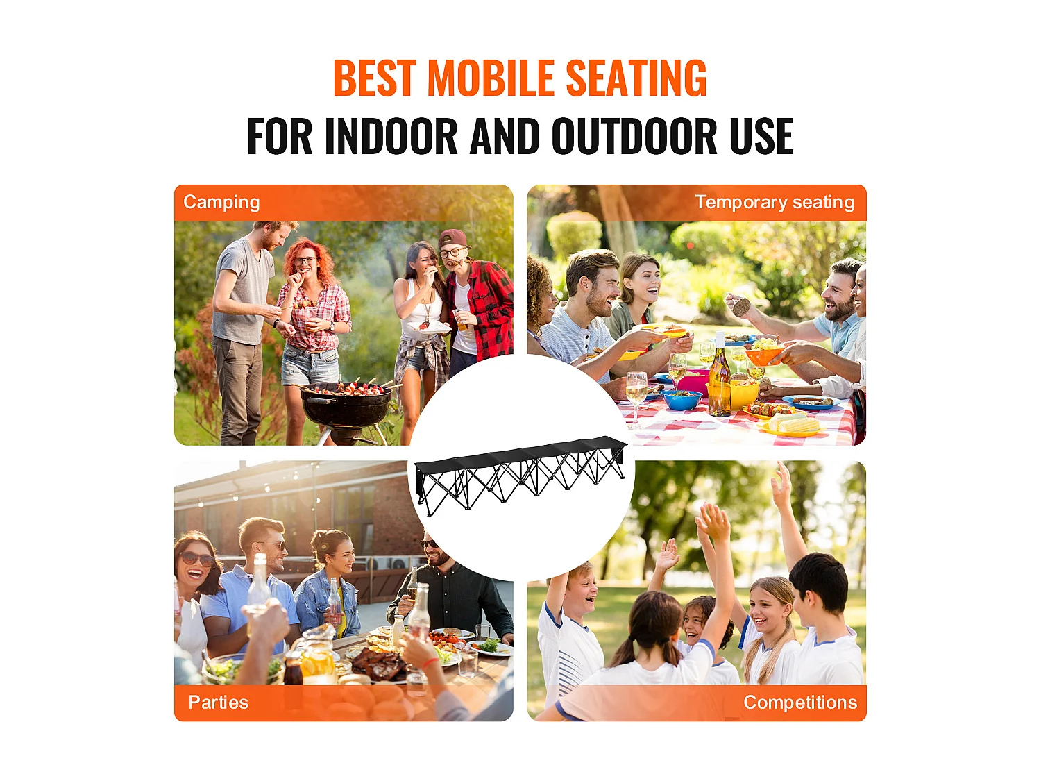 Banc de Sport SucceBuy, 6 Places, Banc d'Extérieur avec Sac de Transport et Dossier, Chaise de Camping en Plein Air, Noir