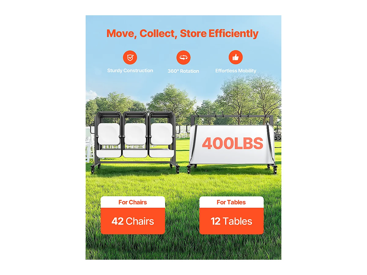 Chariot de Service SucceBuy, Support de Chaise Pliant, Capacité de 181 kg, pour 42 Chaises et 12 Tables avec Roulettes, Noir