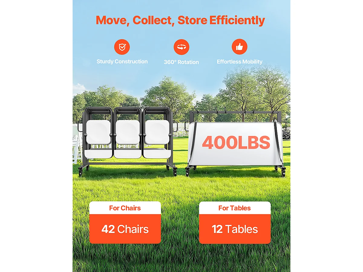 Chariot de Service SucceBuy, Support de Chaise Pliant, Capacité de 181 kg, pour 42 Chaises et 12 Tables avec Roulettes, Noir