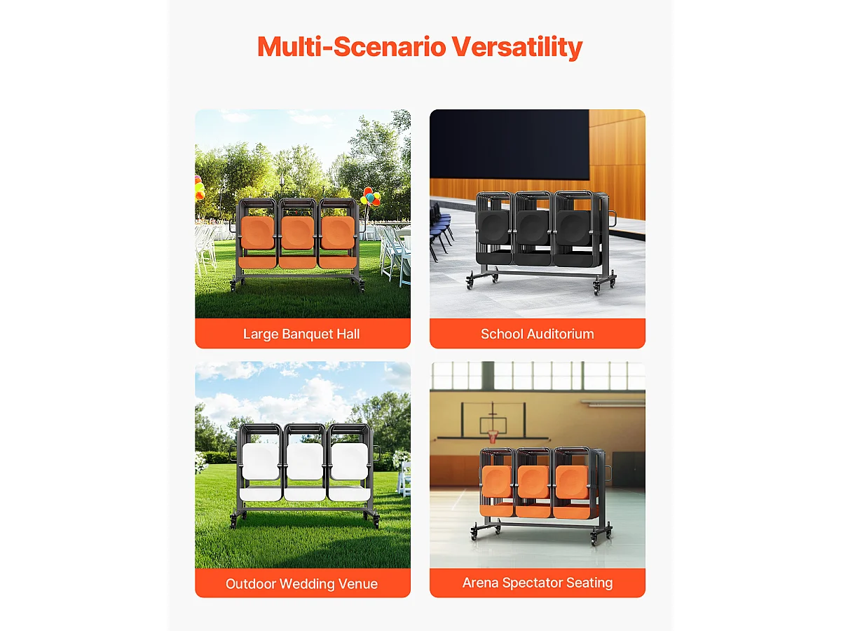 Chariot de Service SucceBuy, Support de Chaise Pliant, Capacité de 181 kg, pour 42 Chaises et 12 Tables avec Roulettes, Noir