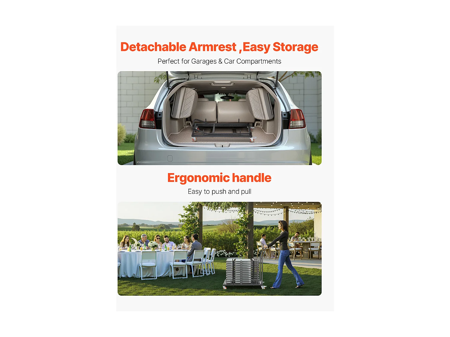 Chariot de Service SucceBuy, Capacité de 136 kg, Conception en L pour 25 Chaises, Rangement Horizontal, Noir Mat