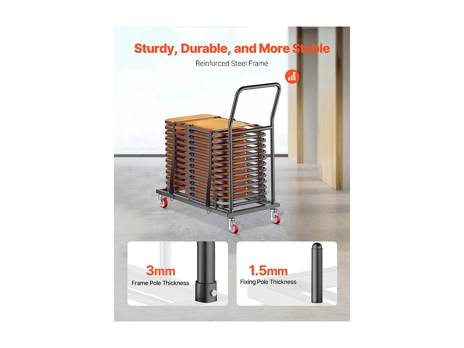 Chariot de Service SucceBuy, Capacité de 136 kg, Conception en L pour 25 Chaises, Rangement Horizontal, Noir Mat