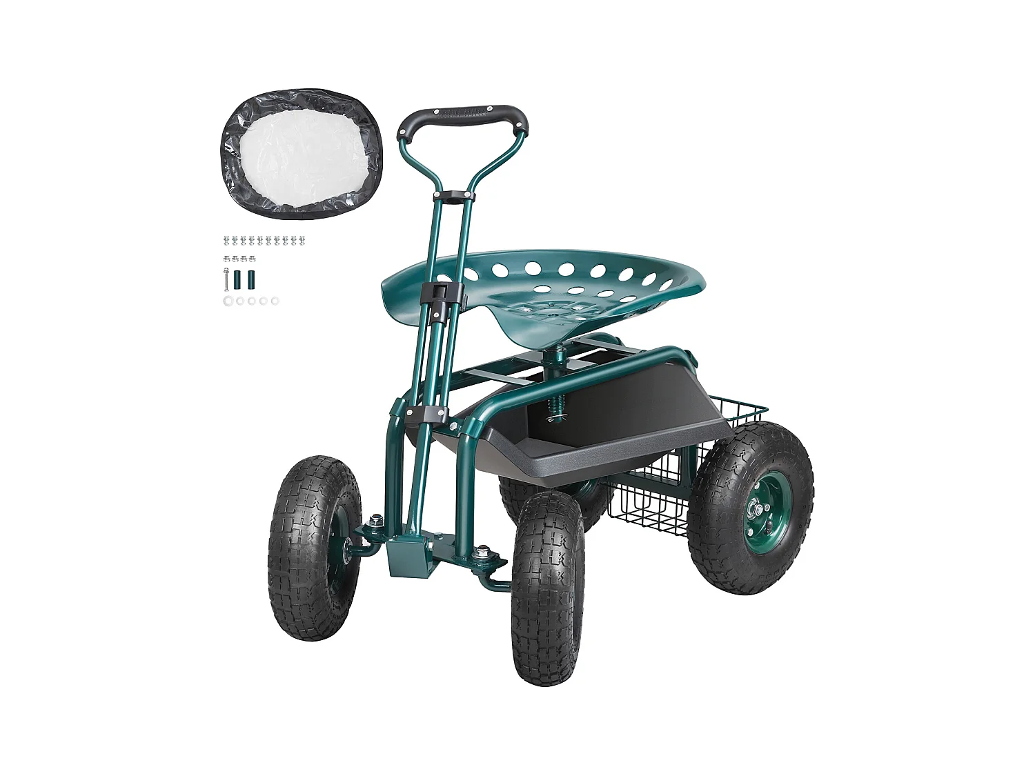 Siège de Jardin Roulant, SucceBuy Chariot de Jardin Roulant avec Siège, Roues, Poignée Extensible, Vert