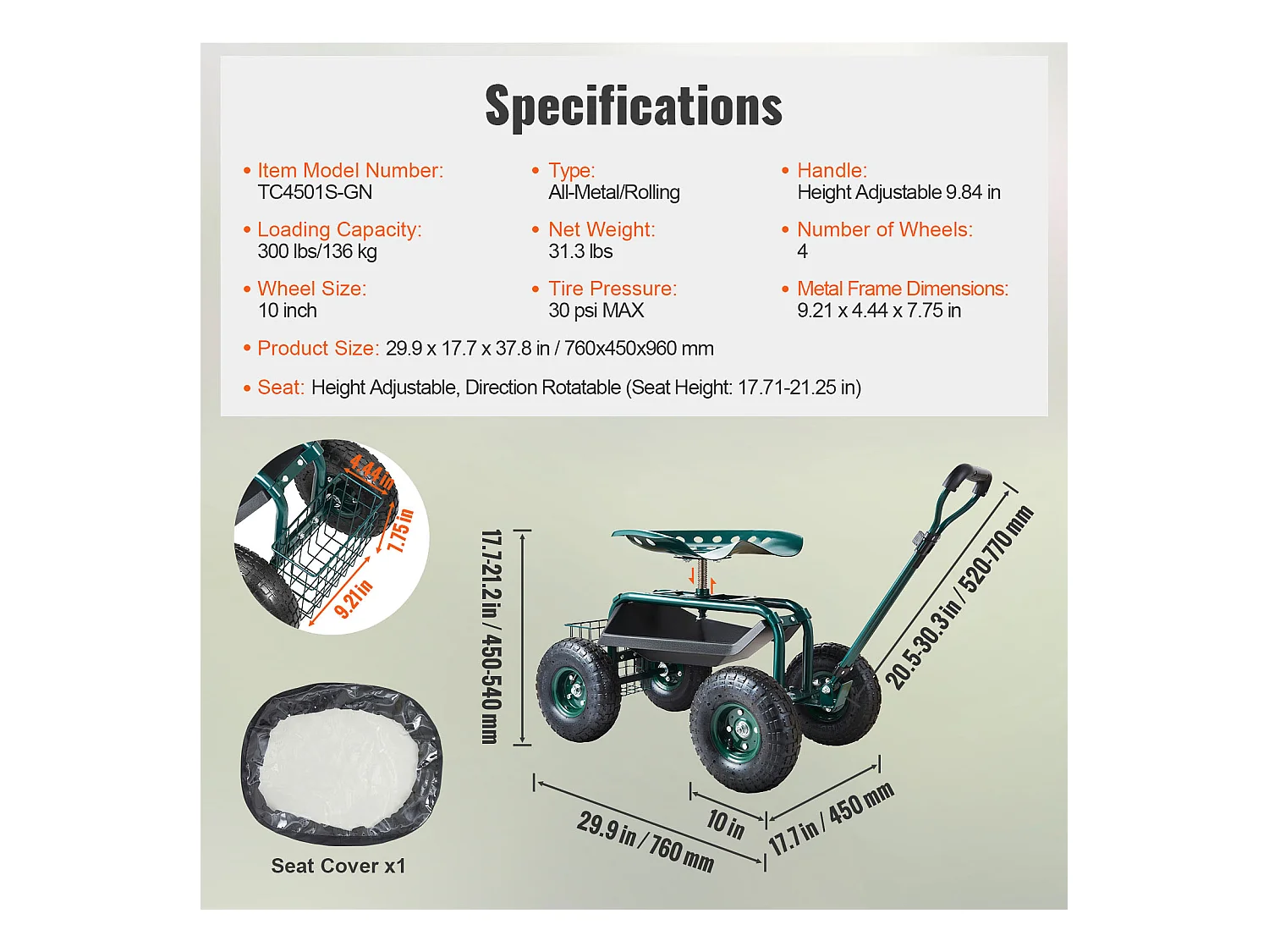 Siège de Jardin Roulant, SucceBuy Chariot de Jardin Roulant avec Siège, Roues, Poignée Extensible, Vert