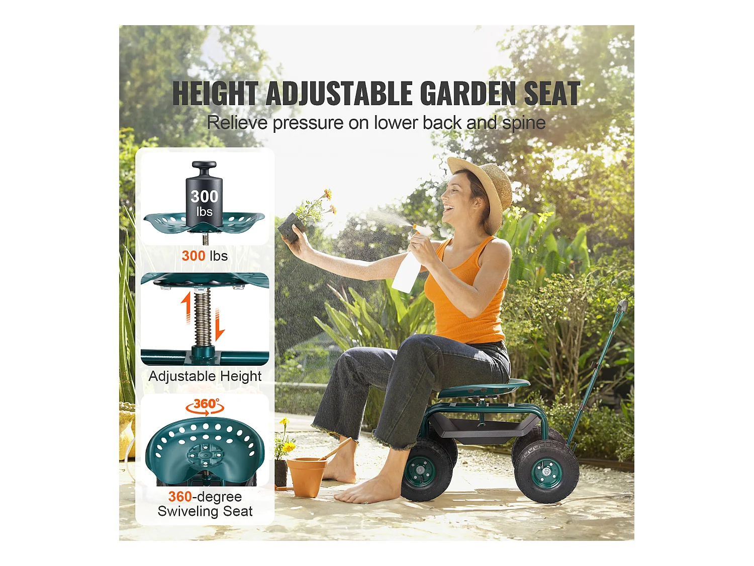 Siège de Jardin Roulant, SucceBuy Chariot de Jardin Roulant avec Siège, Roues, Poignée Extensible, Vert