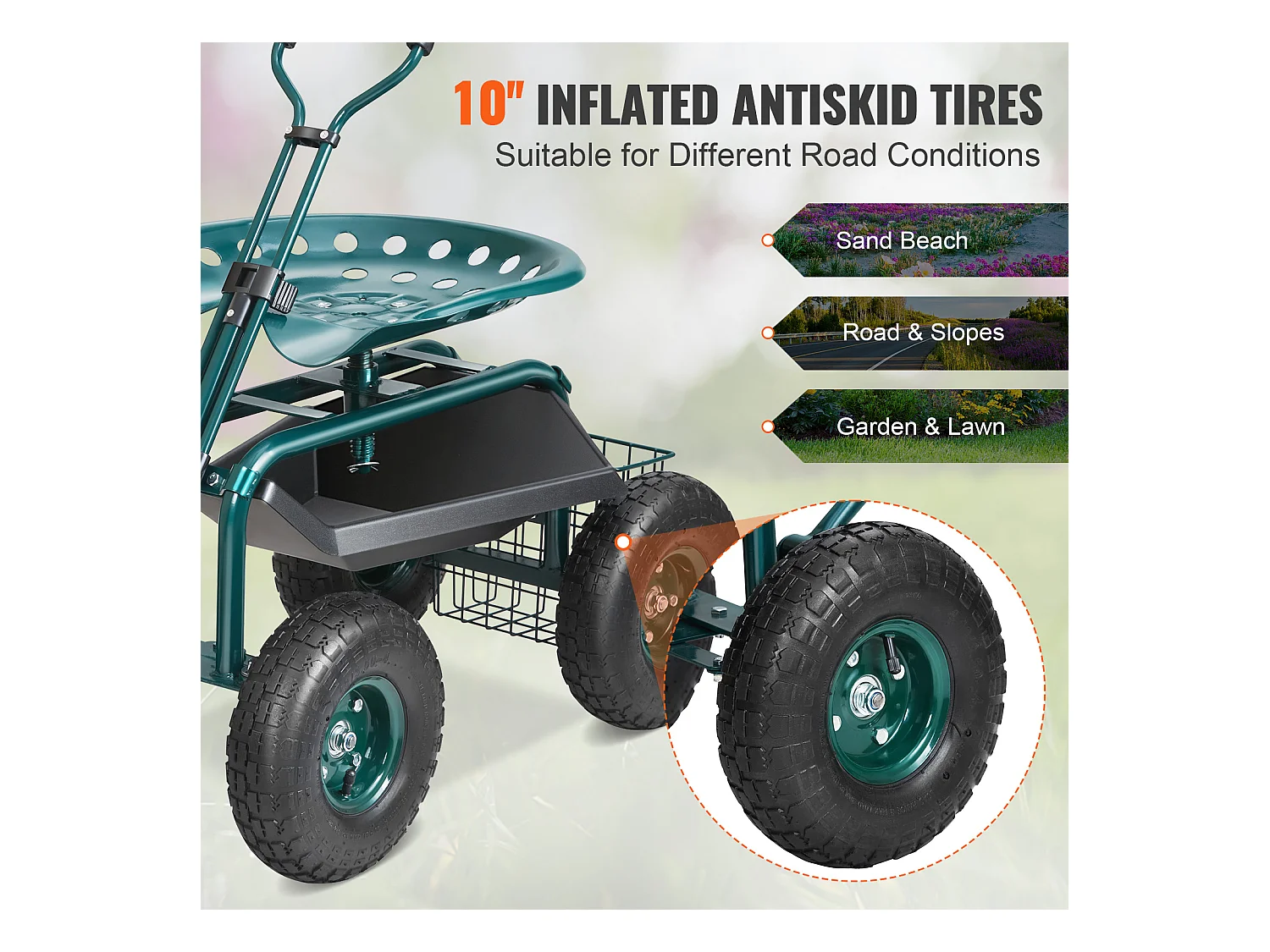 Siège de Jardin Roulant, SucceBuy Chariot de Jardin Roulant avec Siège, Roues, Poignée Extensible, Vert