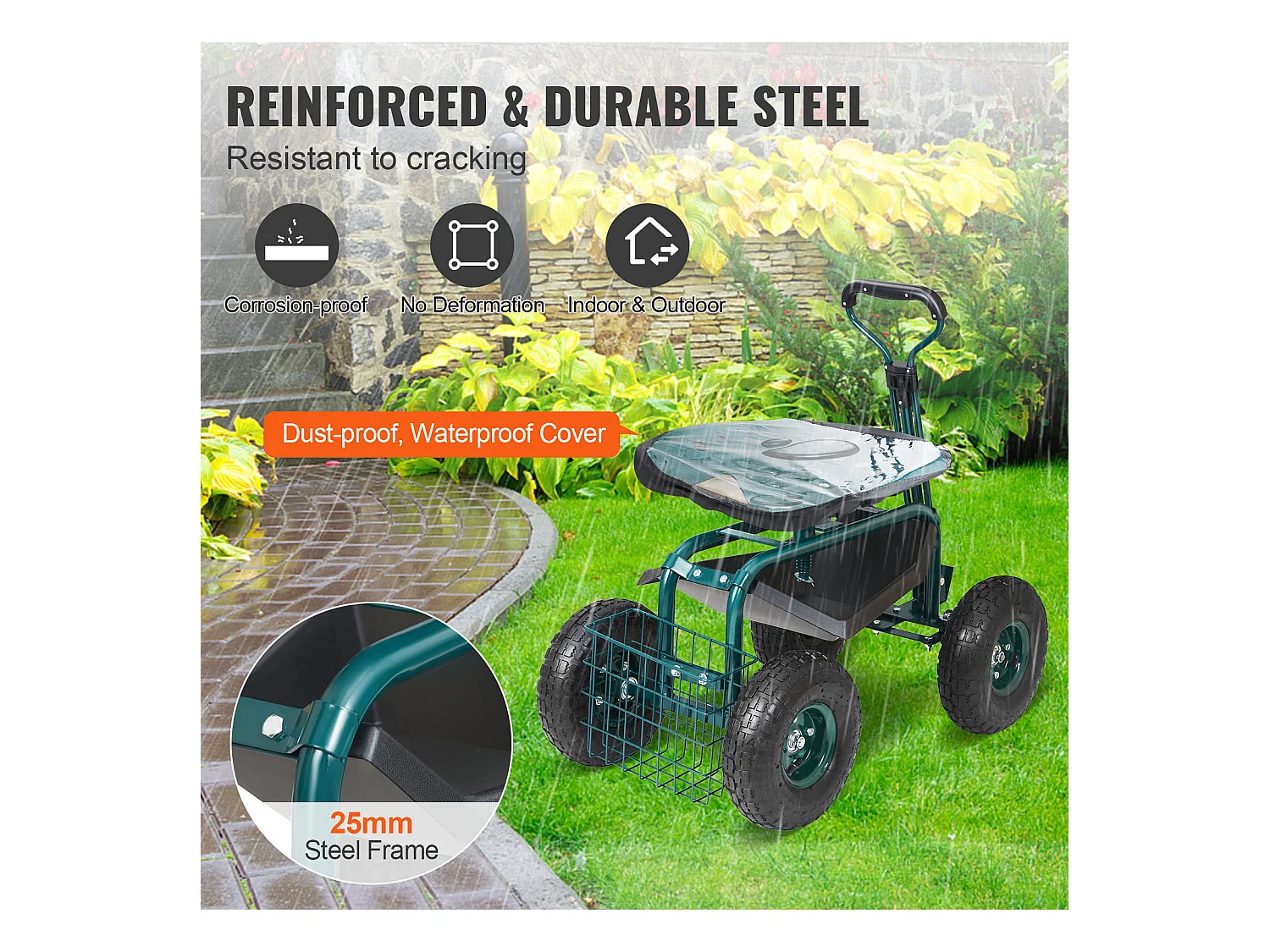 Siège de Jardin Roulant, SucceBuy Chariot de Jardin Roulant avec Siège, Roues, Poignée Extensible, Vert