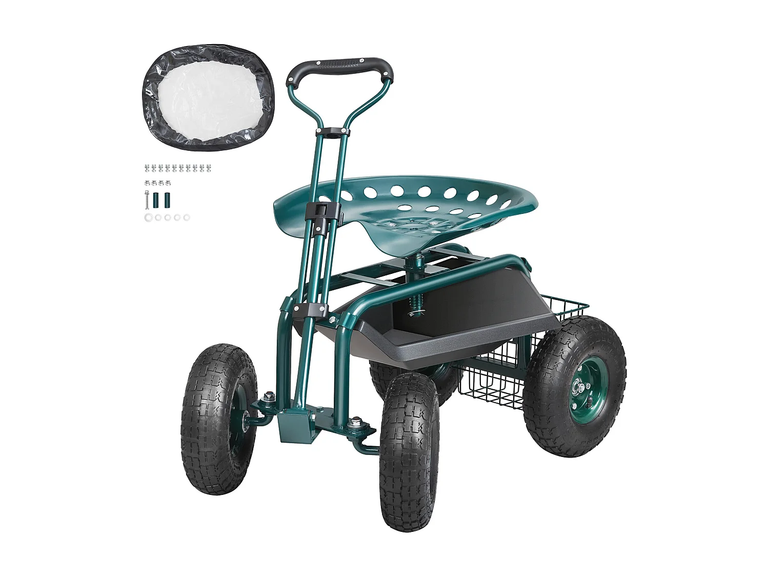 Rollbarer Gartensitz, SucceBuy Rollbarer Gartenwagen mit Sitz, Rädern, ausziehbarem Griff, Grün