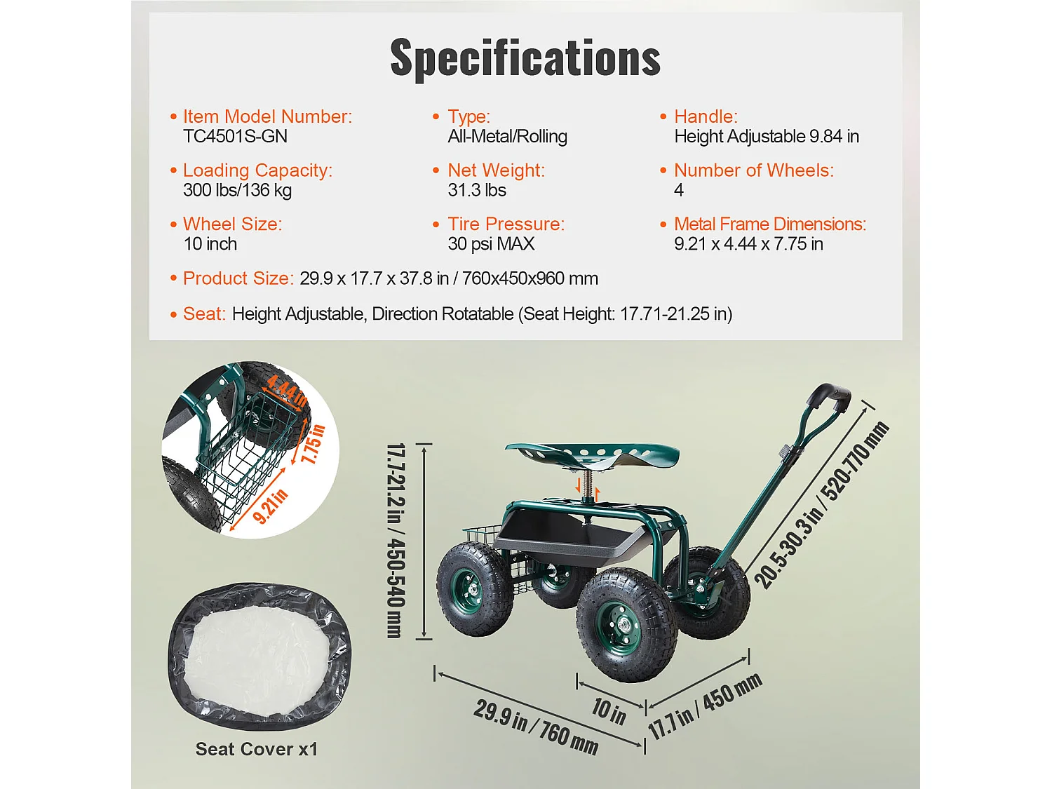 Rollbarer Gartensitz, SucceBuy Rollbarer Gartenwagen mit Sitz, Rädern, ausziehbarem Griff, Grün