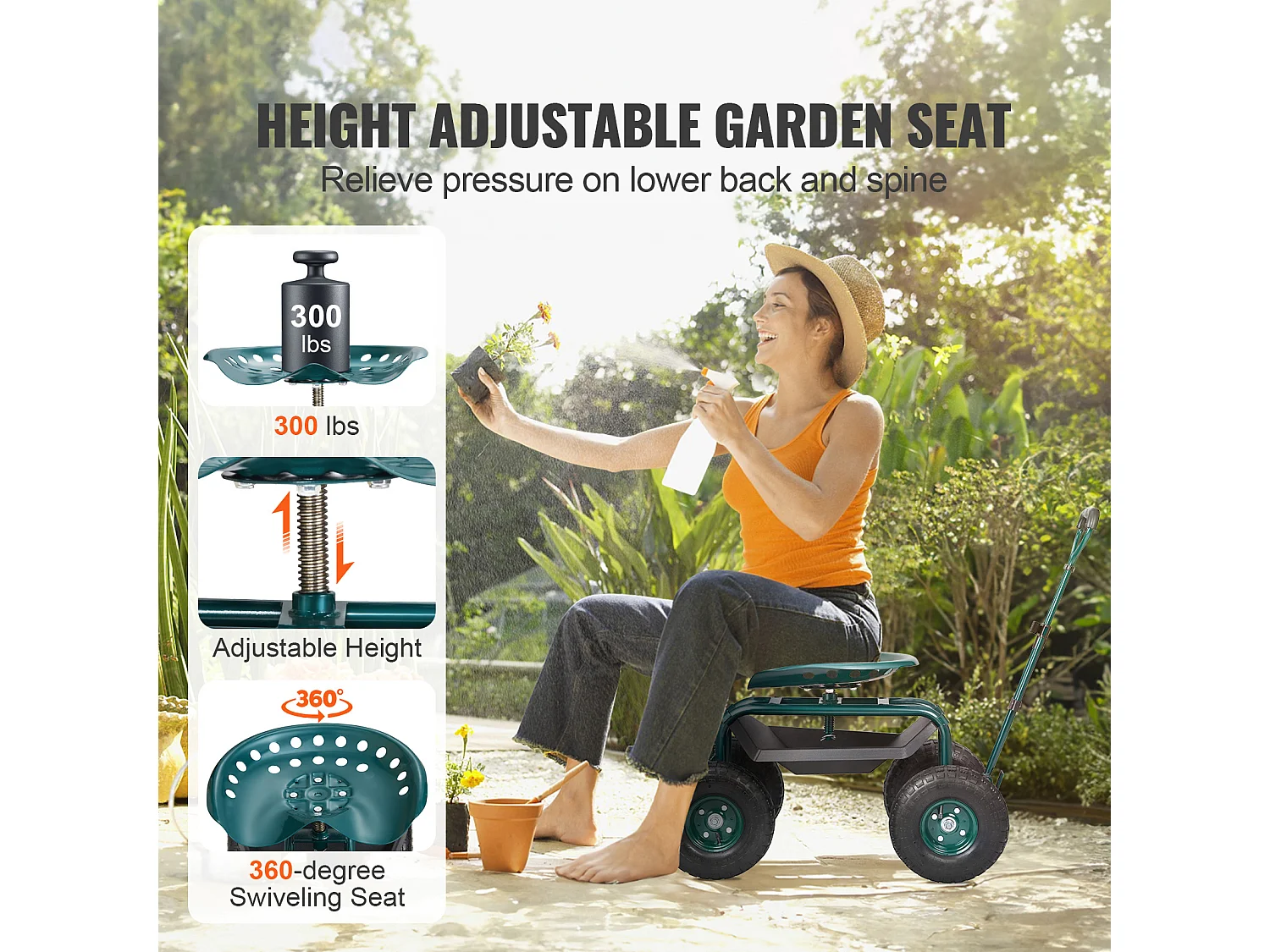 Rollbarer Gartensitz, SucceBuy Rollbarer Gartenwagen mit Sitz, Rädern, ausziehbarem Griff, Grün